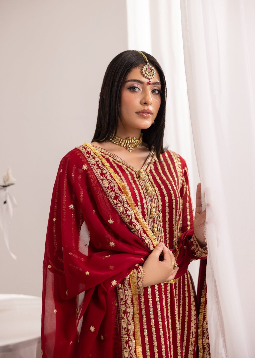 Alyssa MAROON CHIFFON SUIT ALL908 Women 3pcs