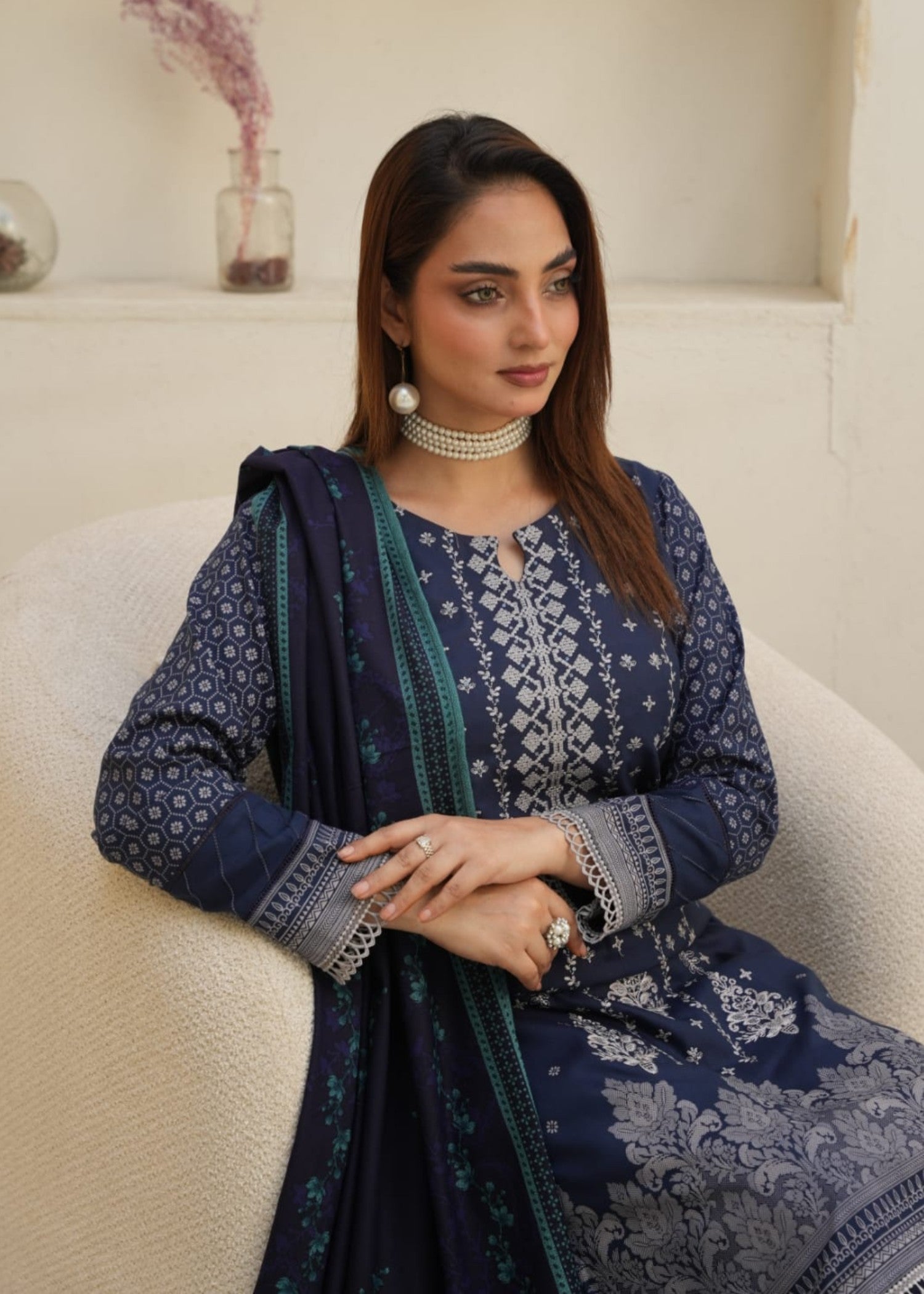 Designer Rack Digital print embraided Dhanak blue Women 3pcs