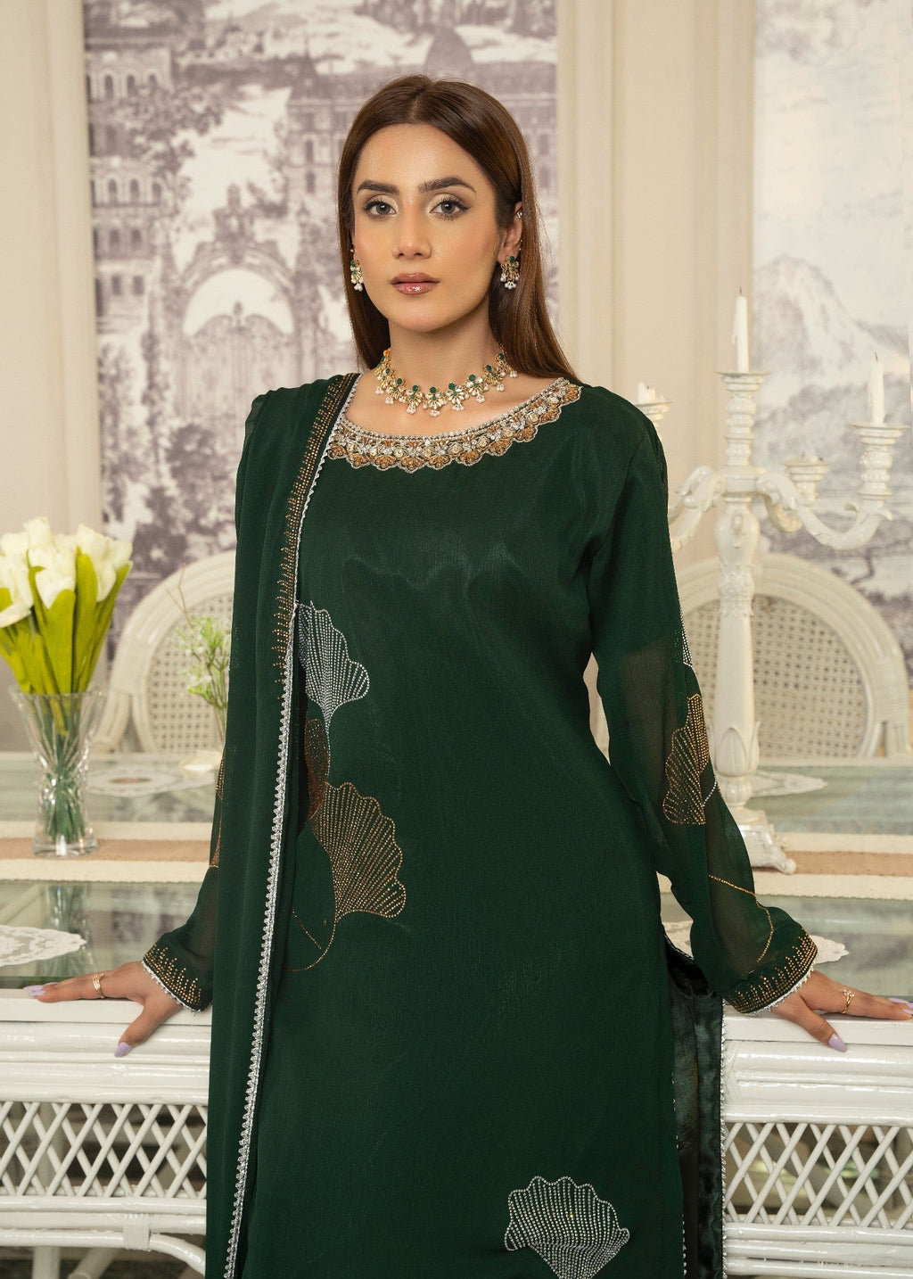 Maira Fashion Green Studded RhineStone Kurta Set Women 4pcs