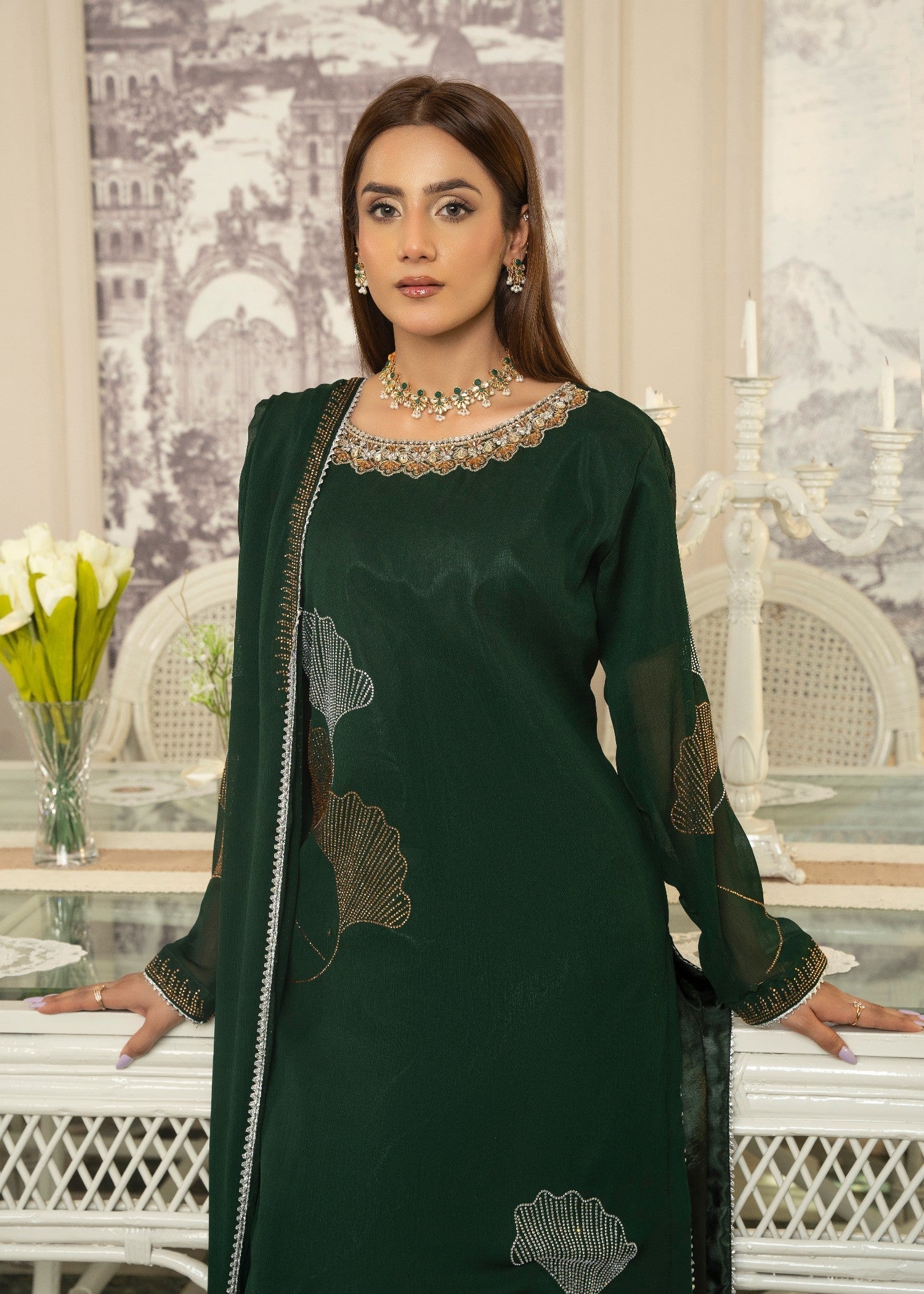 Maira Fashion Green Studded RhineStone Kurta Set Women 4pcs
