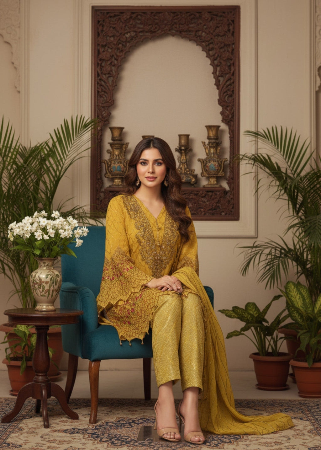 MMG Garments LAMISSA | CHIFFON EMBRODIERED FROCK YELLOW MMG 770 Women 3pcs