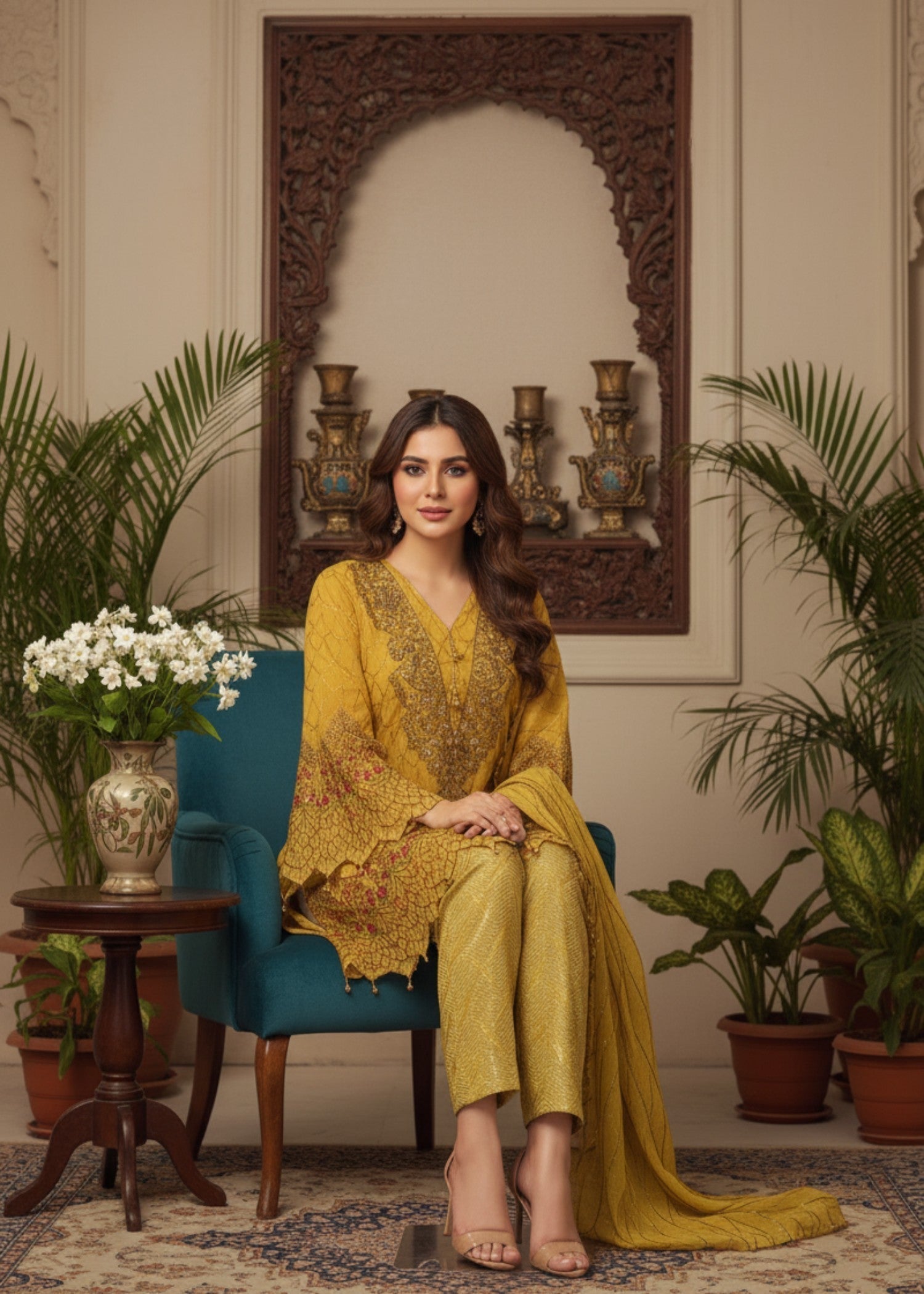 MMG Garments LAMISSA | CHIFFON EMBRODIERED FROCK YELLOW MMG 770 Women 3pcs