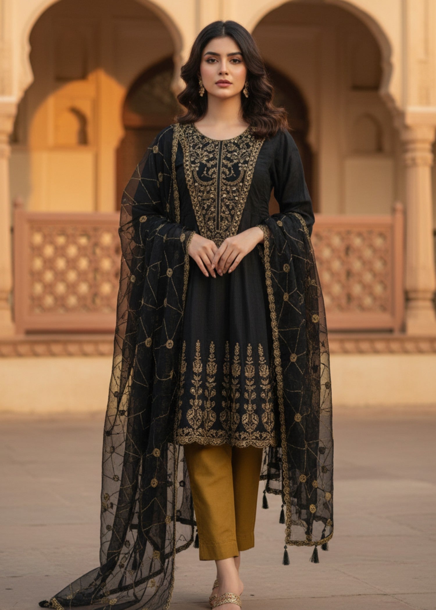 MMG Garments SUMBUL| ORGANZA NET EMBROIDERED FROCK BLACK MMG 876 Women 3pcs