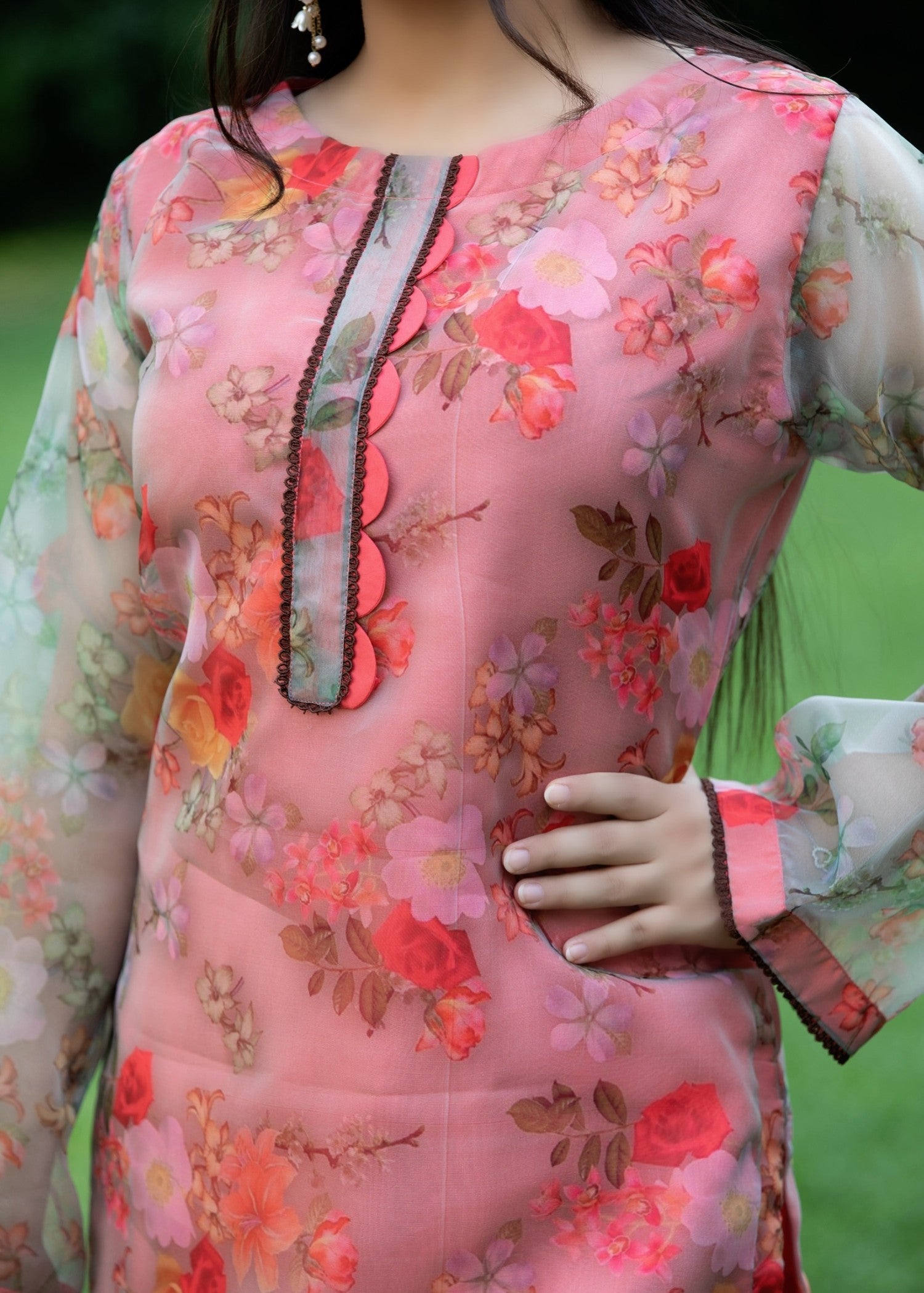 Hayati Collections Organza Printed Suit |Tea Pink Women 2pcs