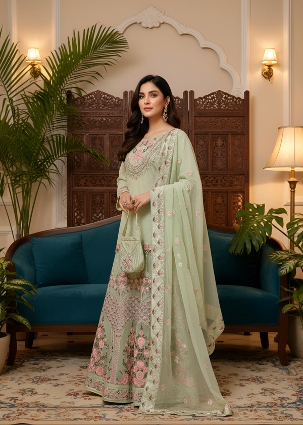 MMG Garments NOOR E NAAZ ORGANZA LEHNGA CHOLI MOSS GREEN MMG 781 Women 3pcs