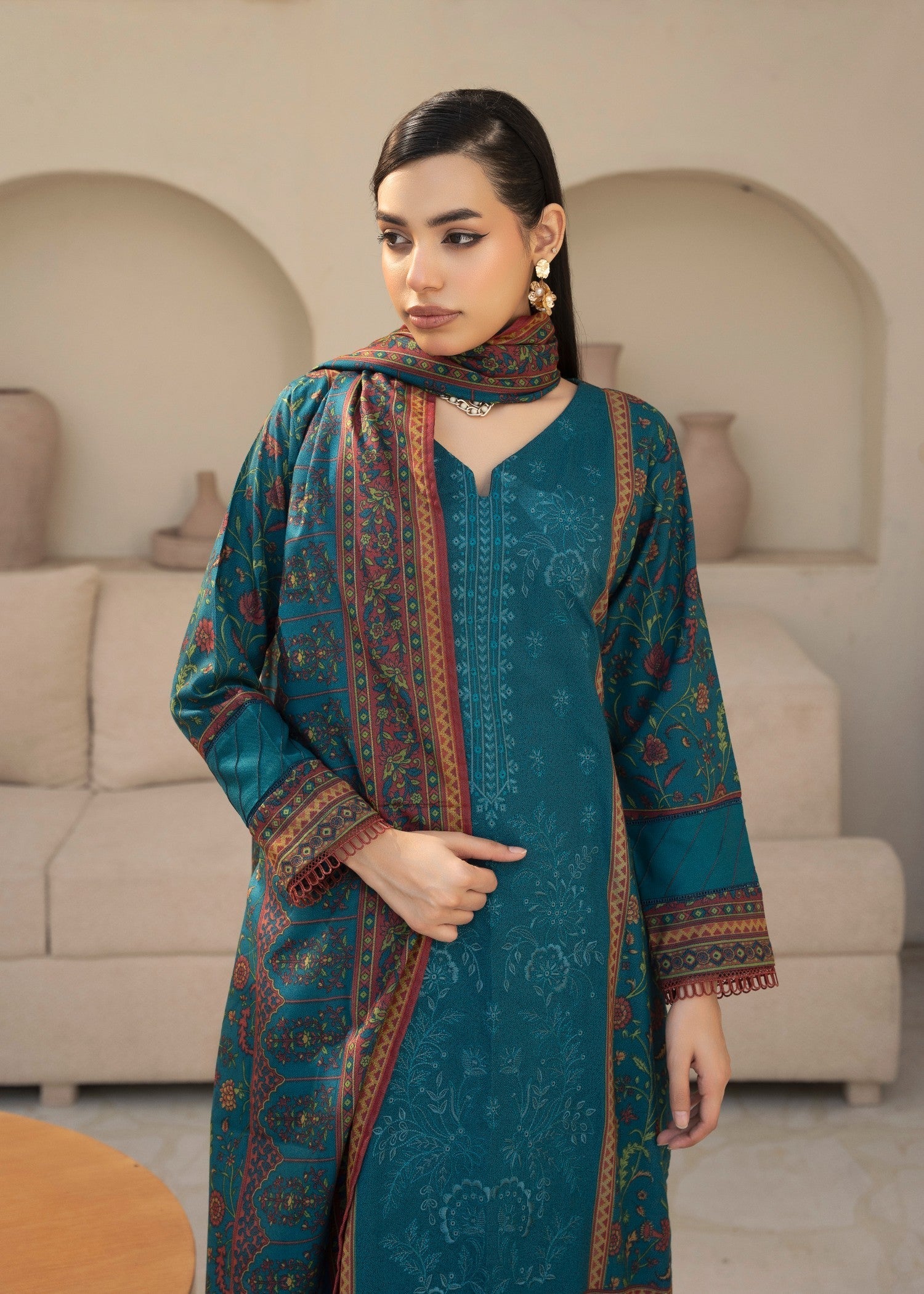 Designer Rack digital print embraided Dhanak teal Women 3pcs