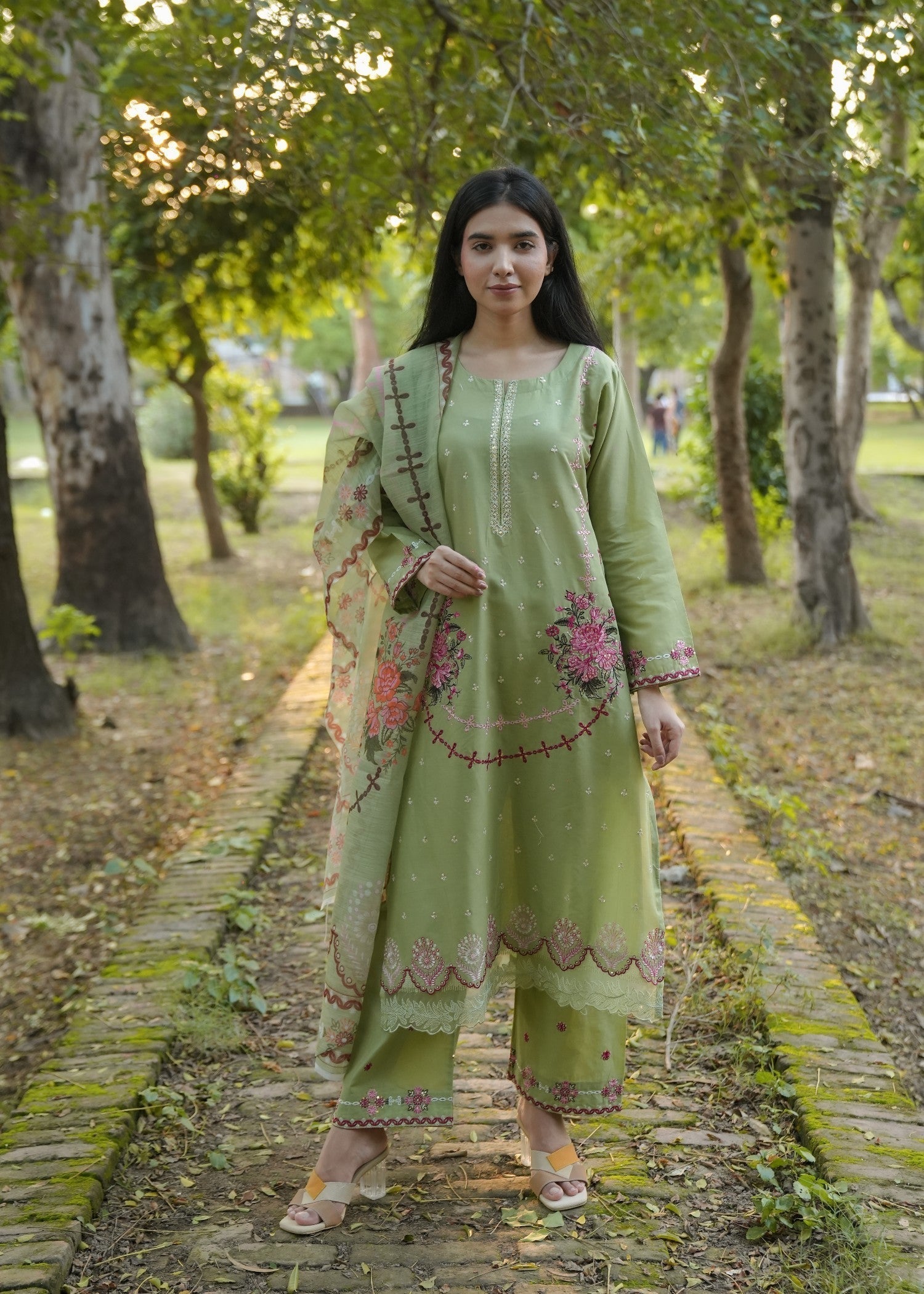 Attirepret Pista Green Floral Embroidered Cotton Women 3pcs