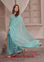 Luxeurs Ice blue Stitched Chiffon Saree Women 3pcs