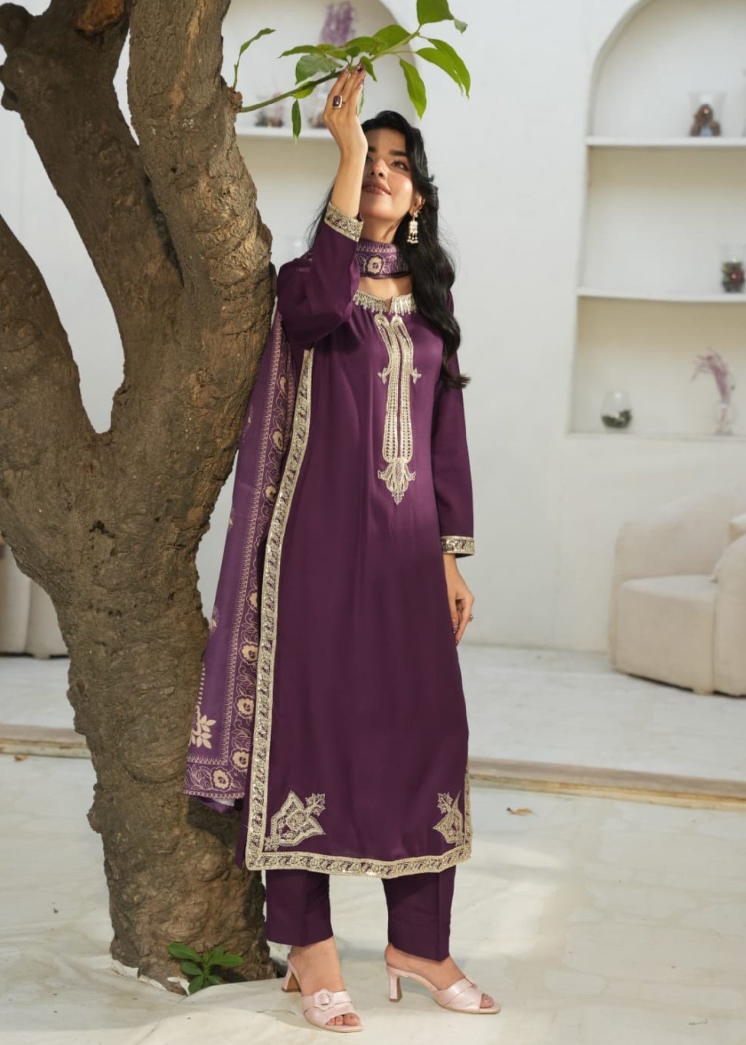 Designer Rack Dhanak embraided purple Women 3pcs