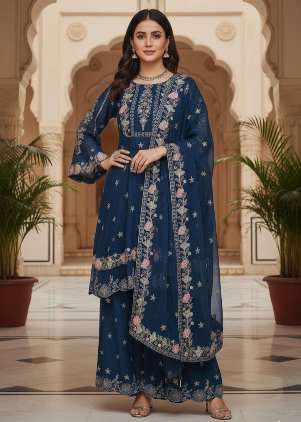 MMG Garments ZARRAH | CHIFFON EMBROIDERED FROCK BLUE MMG 917 Women 3pcs