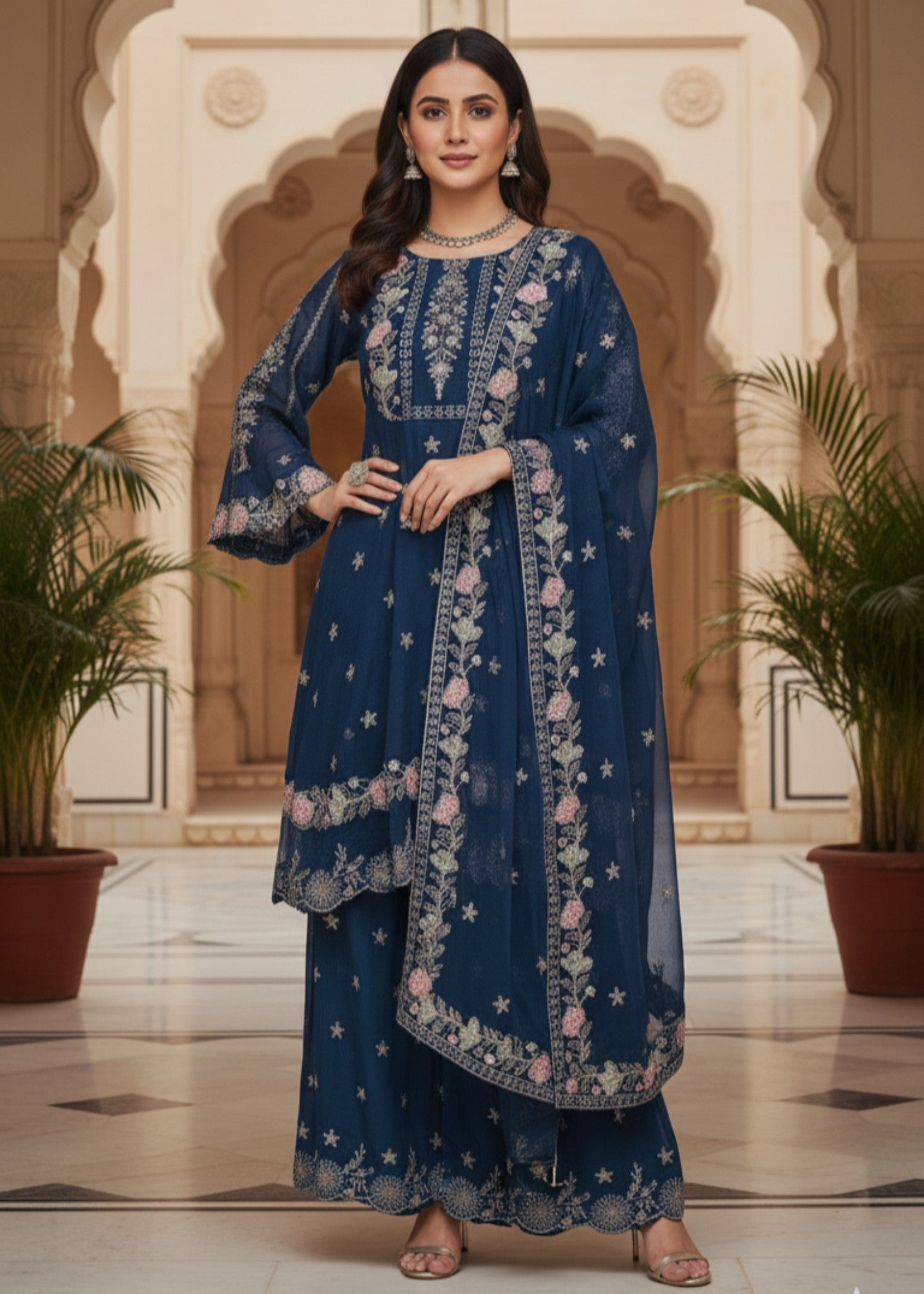 MMG Garments ZARRAH | CHIFFON EMBROIDERED FROCK BLUE MMG 917 Women 3pcs