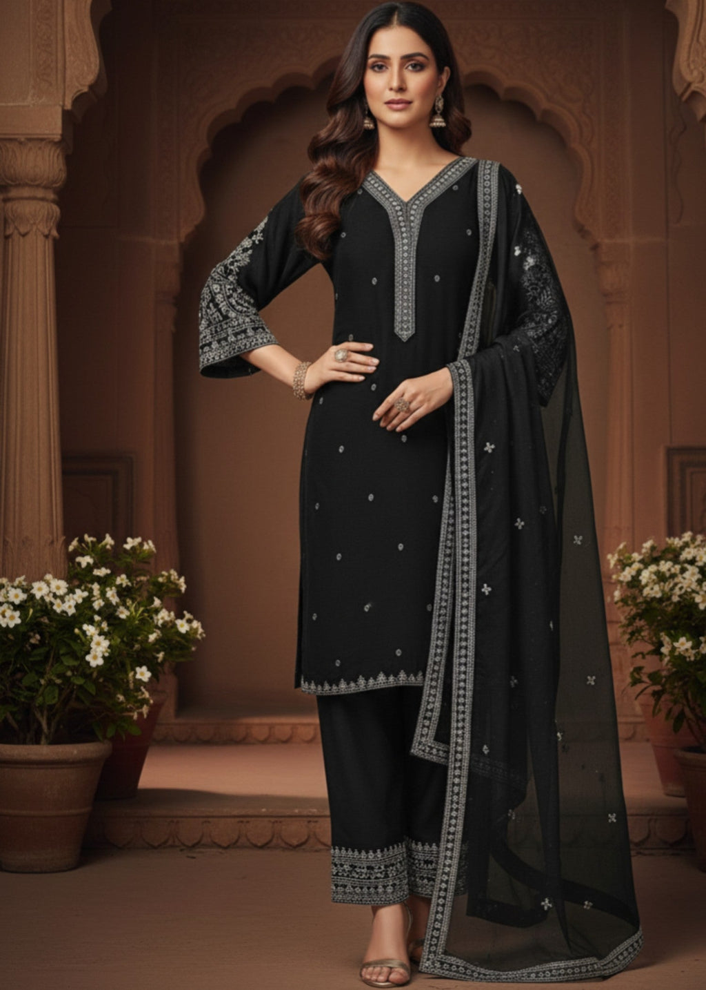 MMG Garments ZULEIKHA| VELVET EMBROIDERED KURTA SET BLACK MMG 010 Women 3pcs