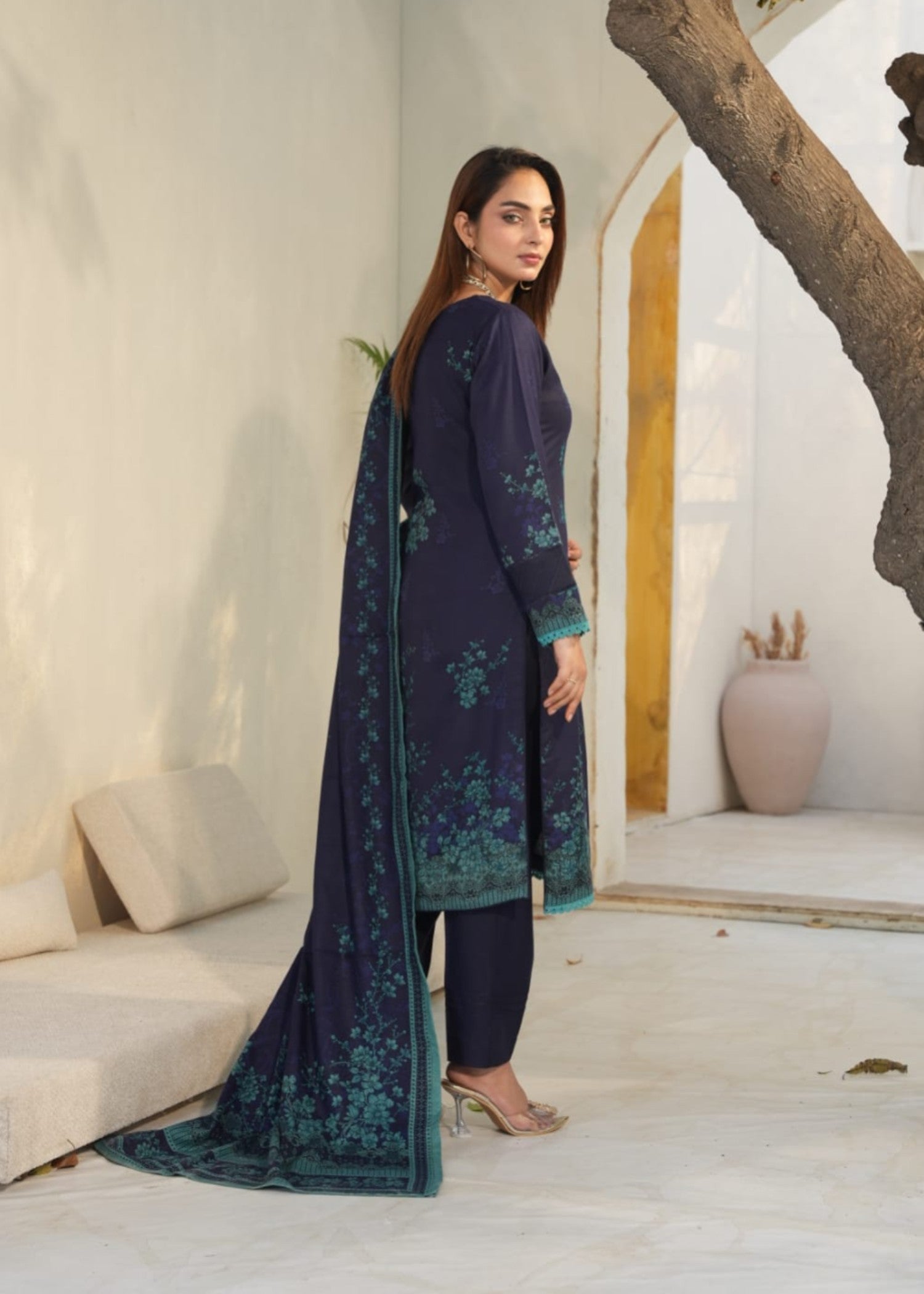 Designer Rack Dhanak digital embraided deep navy blue Women 3pcs