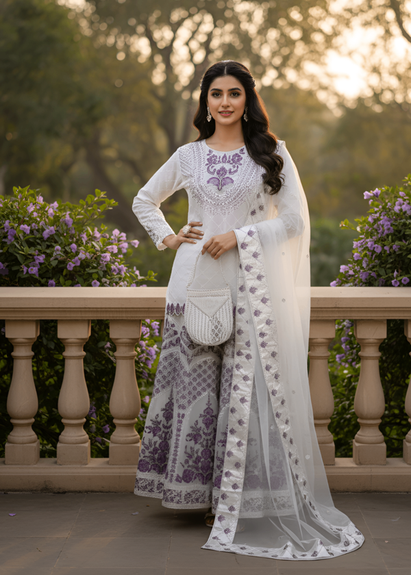 MMG Garments NOOR E NAAZ ORGANZA LEHNGA CHOLI WHITE MMG 781 Women 4pcs