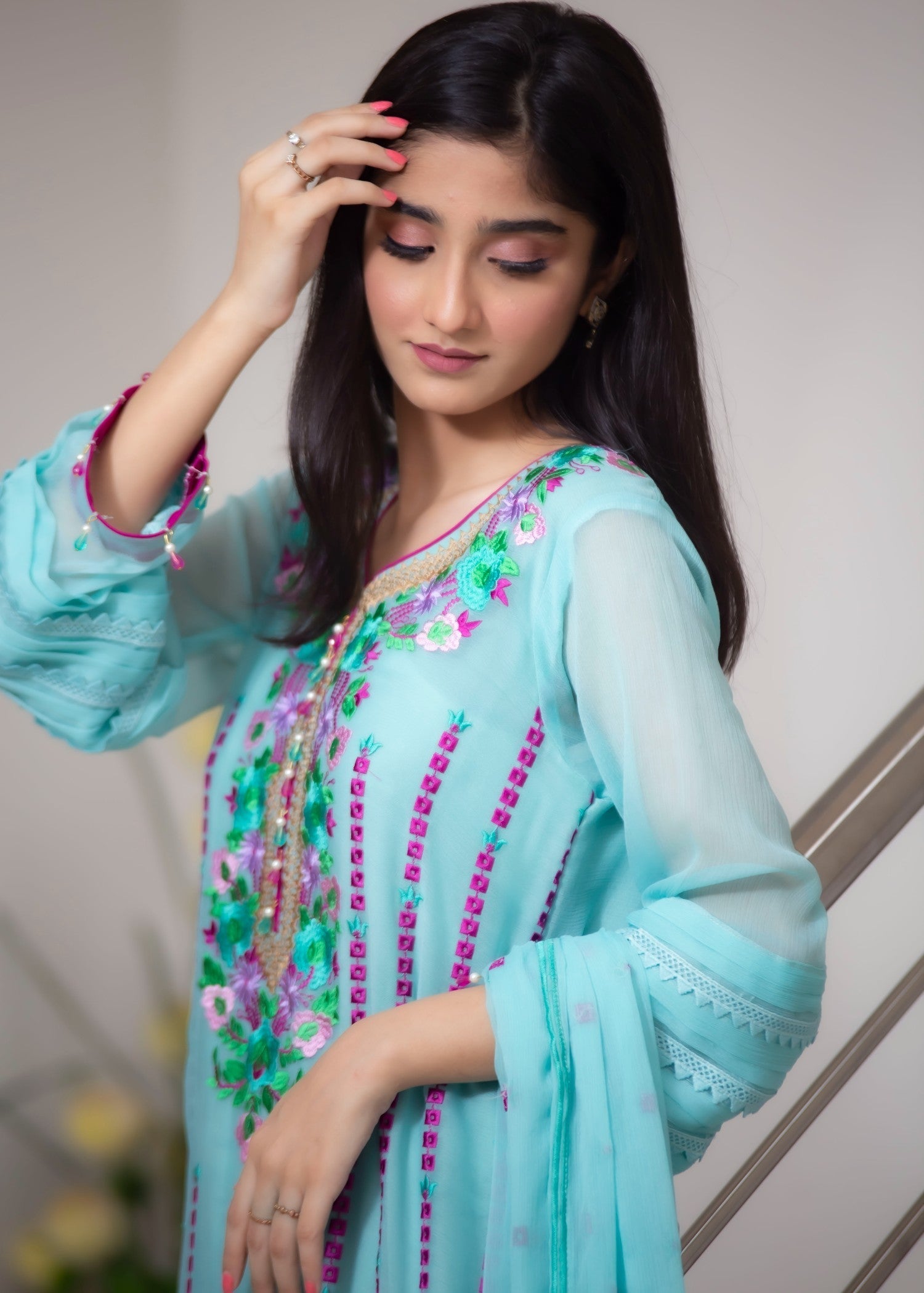 Hayati Collections Chiffon | Embroidered Suit with Dupatta | Aqua Women 3pcs