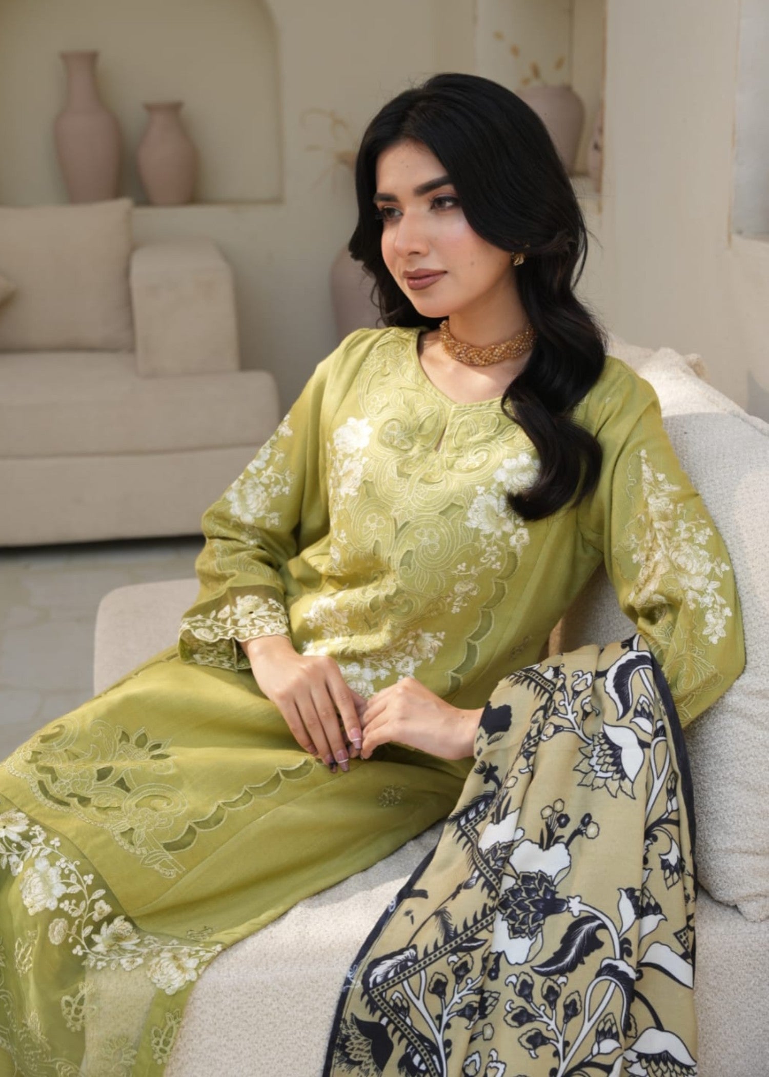 Designer Rack linen embraided olive green Women 3pcs