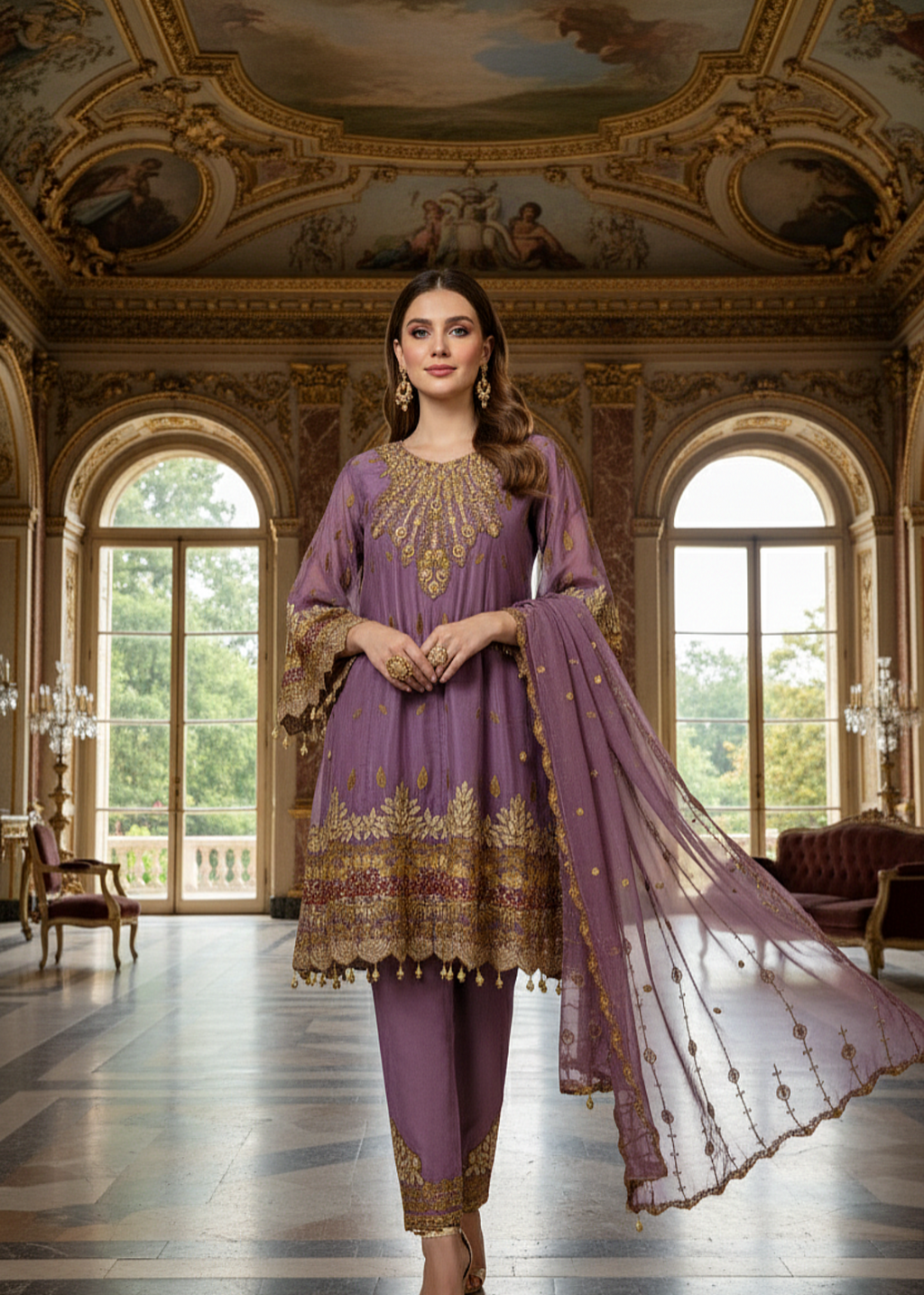 MMG Garments ANCHAL CLASSICAL CHIFFON EMBROIDERED FROCK MAUVE PINK MMG 893 Women 3pcs