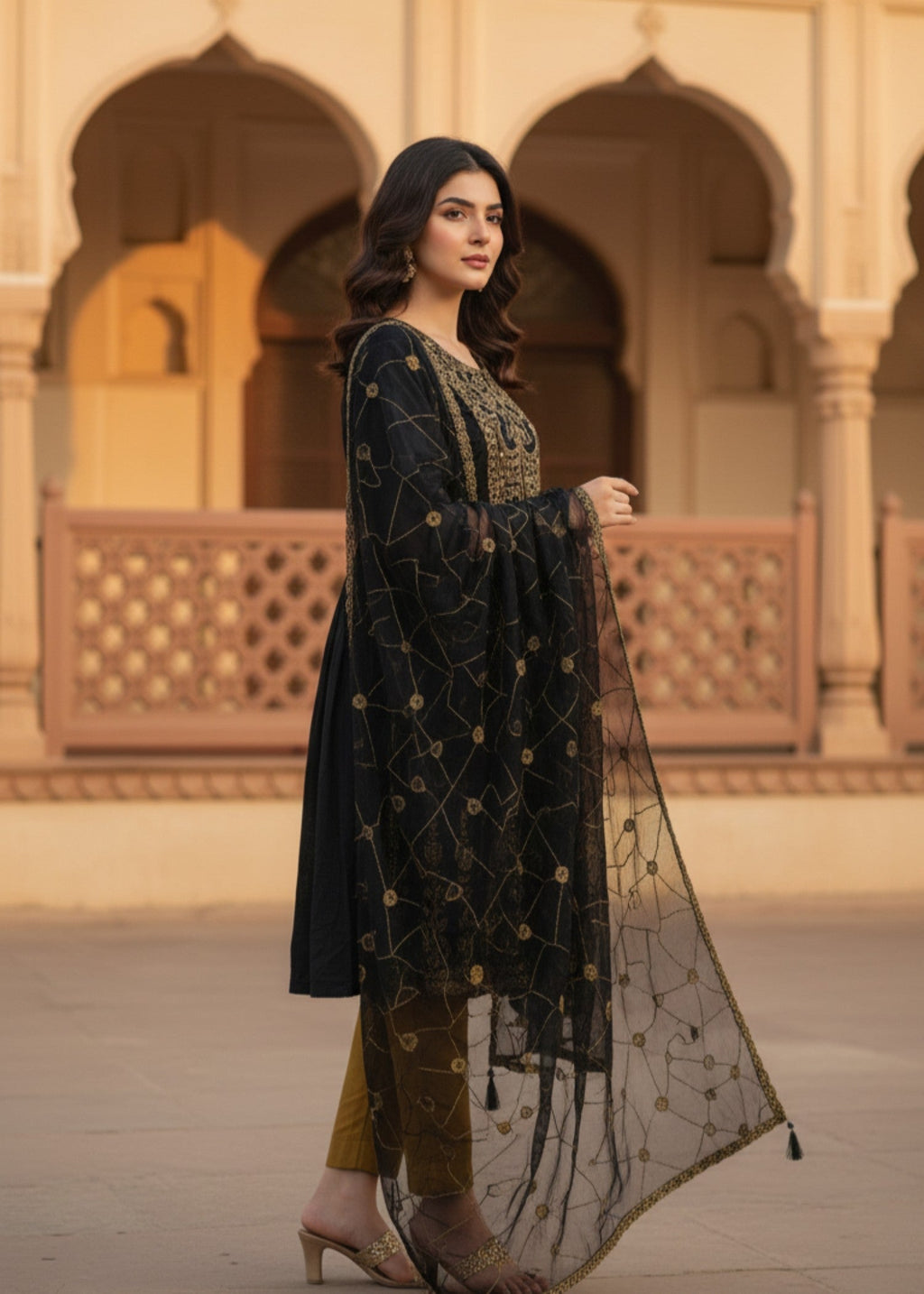 MMG Garments SUMBUL| ORGANZA NET EMBROIDERED FROCK BLACK MMG 876 Women 3pcs