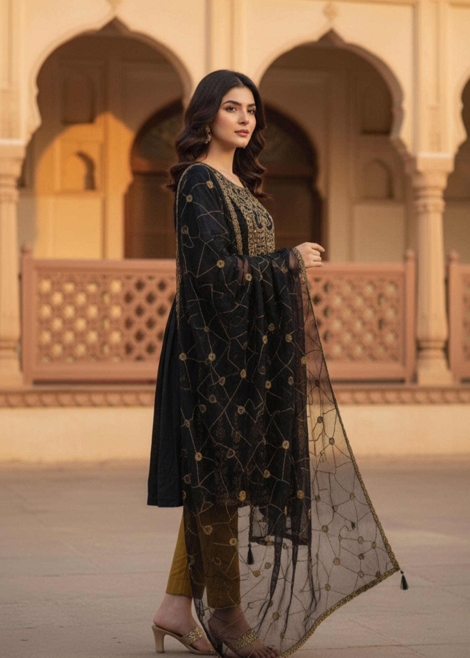 MMG Garments SUMBUL| ORGANZA NET EMBROIDERED FROCK BLACK MMG 876 Women 3pcs