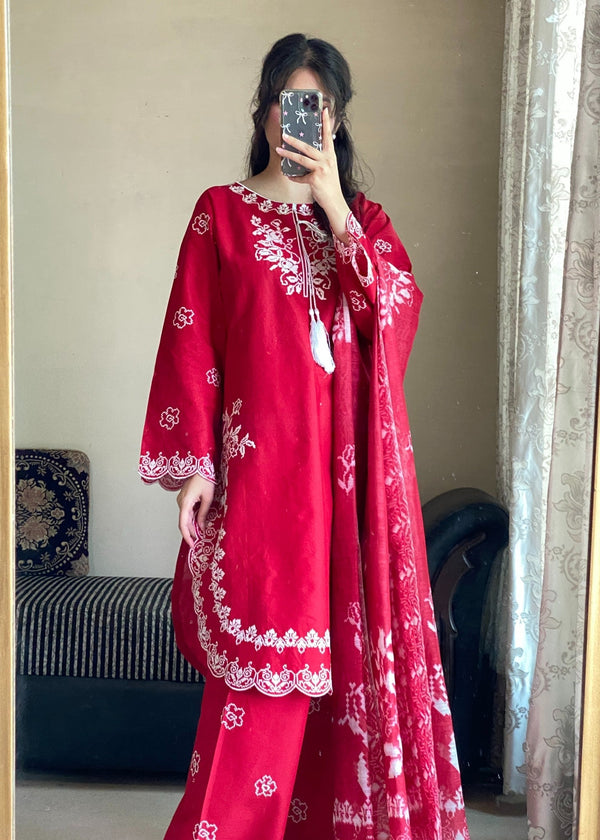 Attirepret Red Cotton Suit | Cross Stitch Embroidery Women 3pcs
