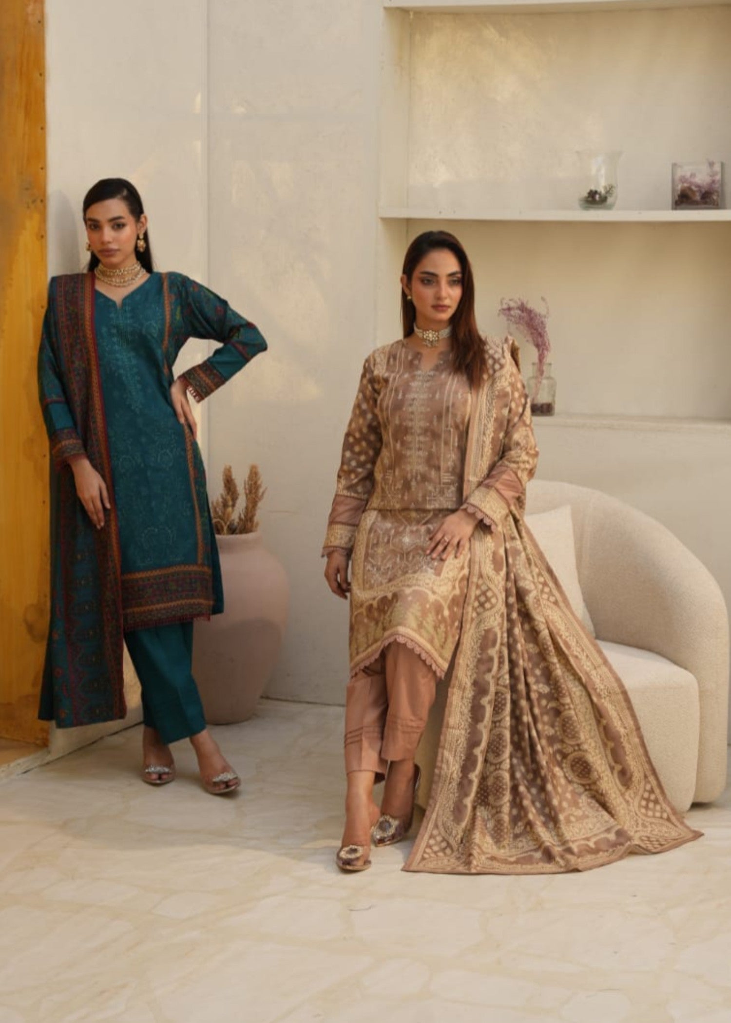 Designer Rack dhanak printed embraided tan brown Women 3pcs