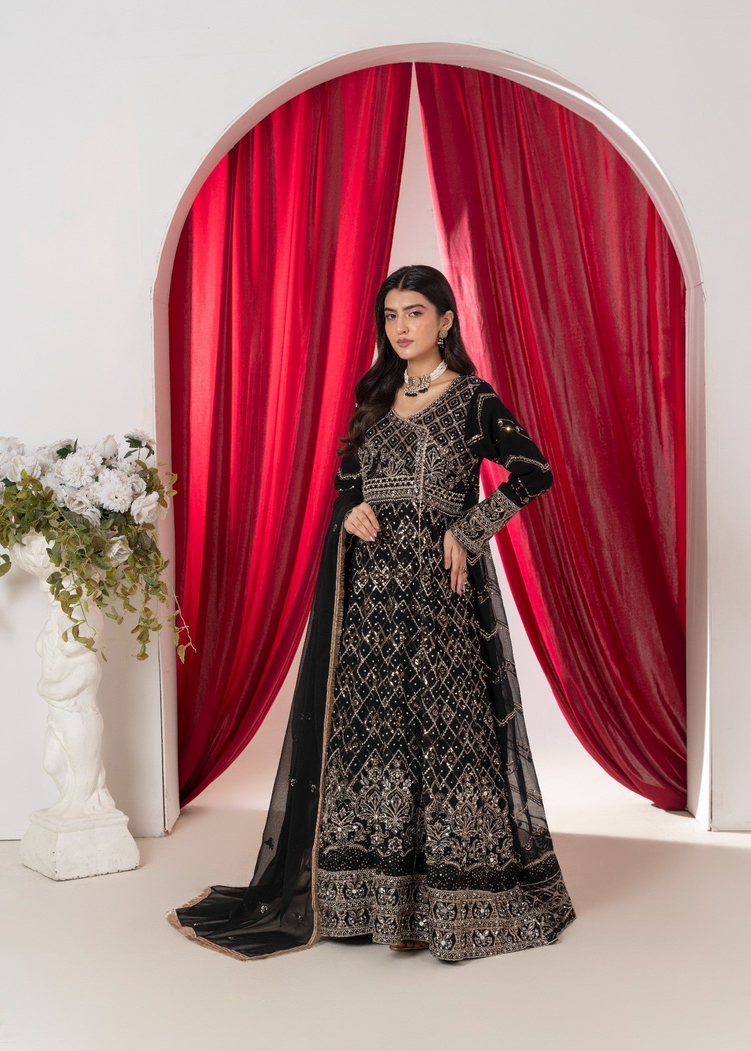 Hkb Officials Ameera Velour Black Chiffon Angarkha Mirror Maxi Women 3pcs