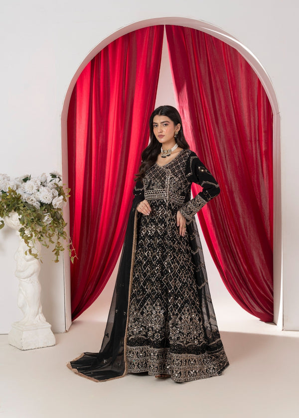 Hkb Officials Ameera Velour Black Chiffon Angarkha Mirror Maxi Women 3pcs