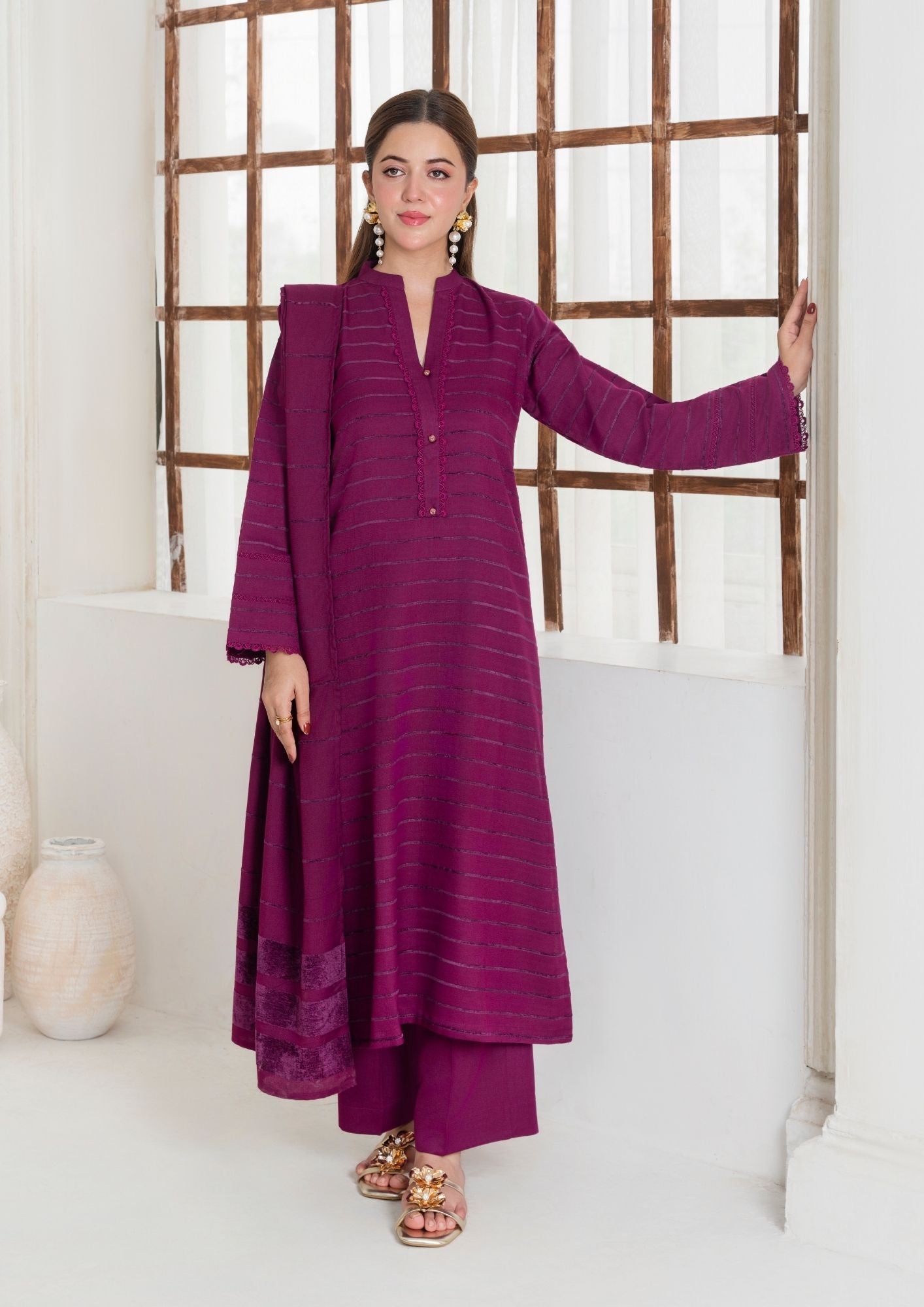 Yolo Pret Dhanak wool Shirt with Dhanak Border Shawl and Plain Trouser AML W25 0011 Women 3pcs