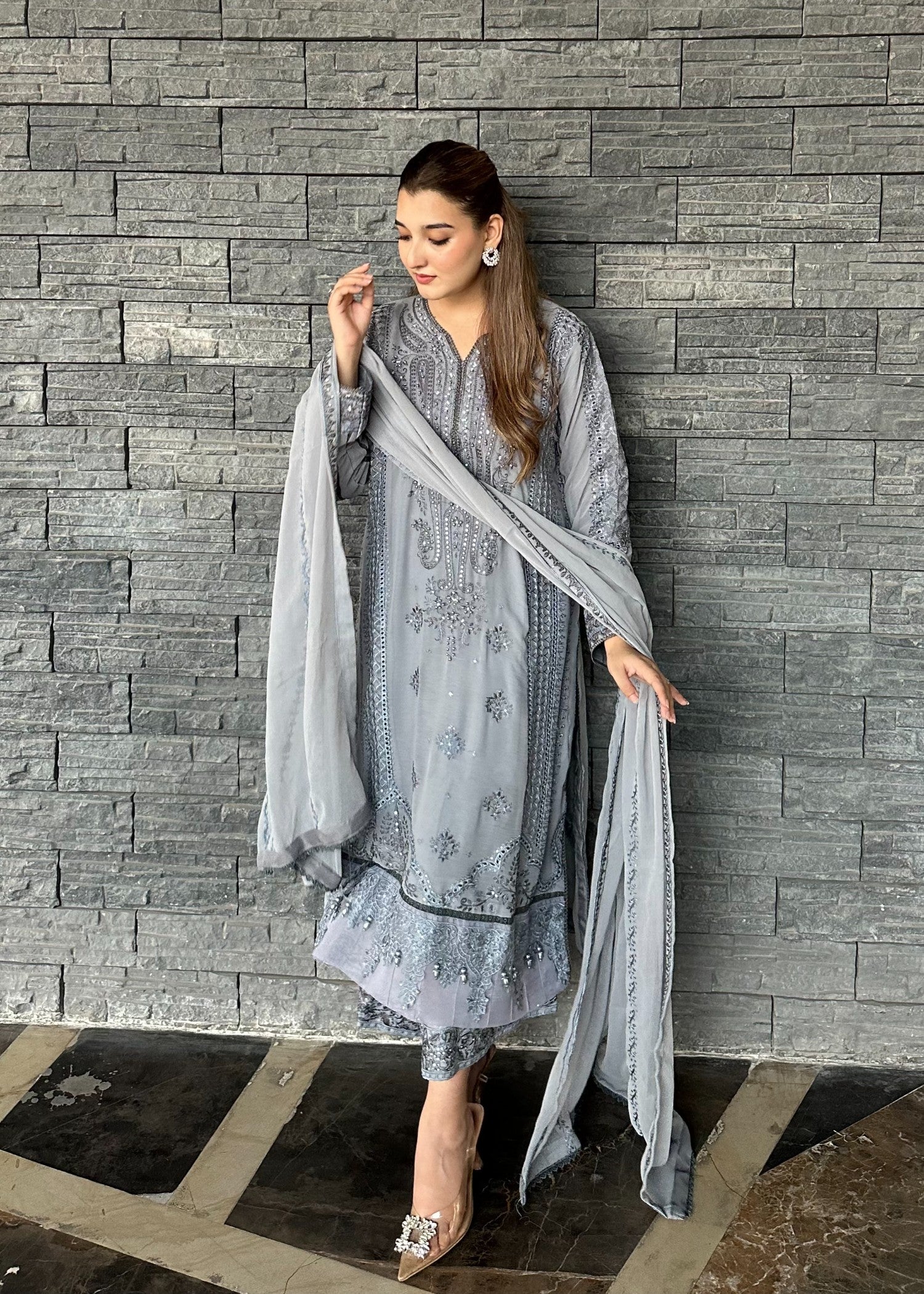 Pehnawa By Bin Akram’s Grey Mist Pret | Chiffon Kurta set Women 3pcs