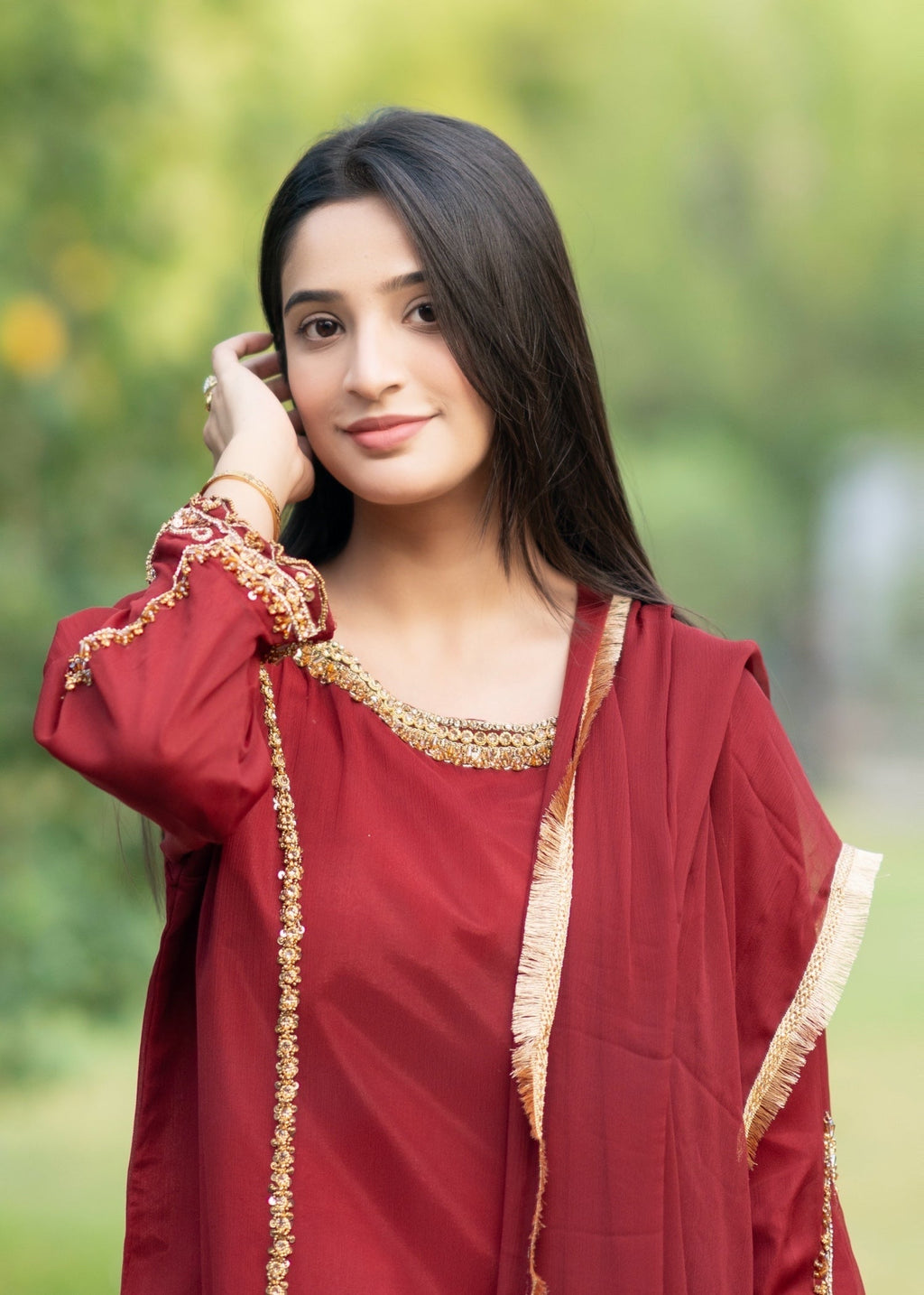 Suits By Sadia Maroon chiffon decent Women 3pcs