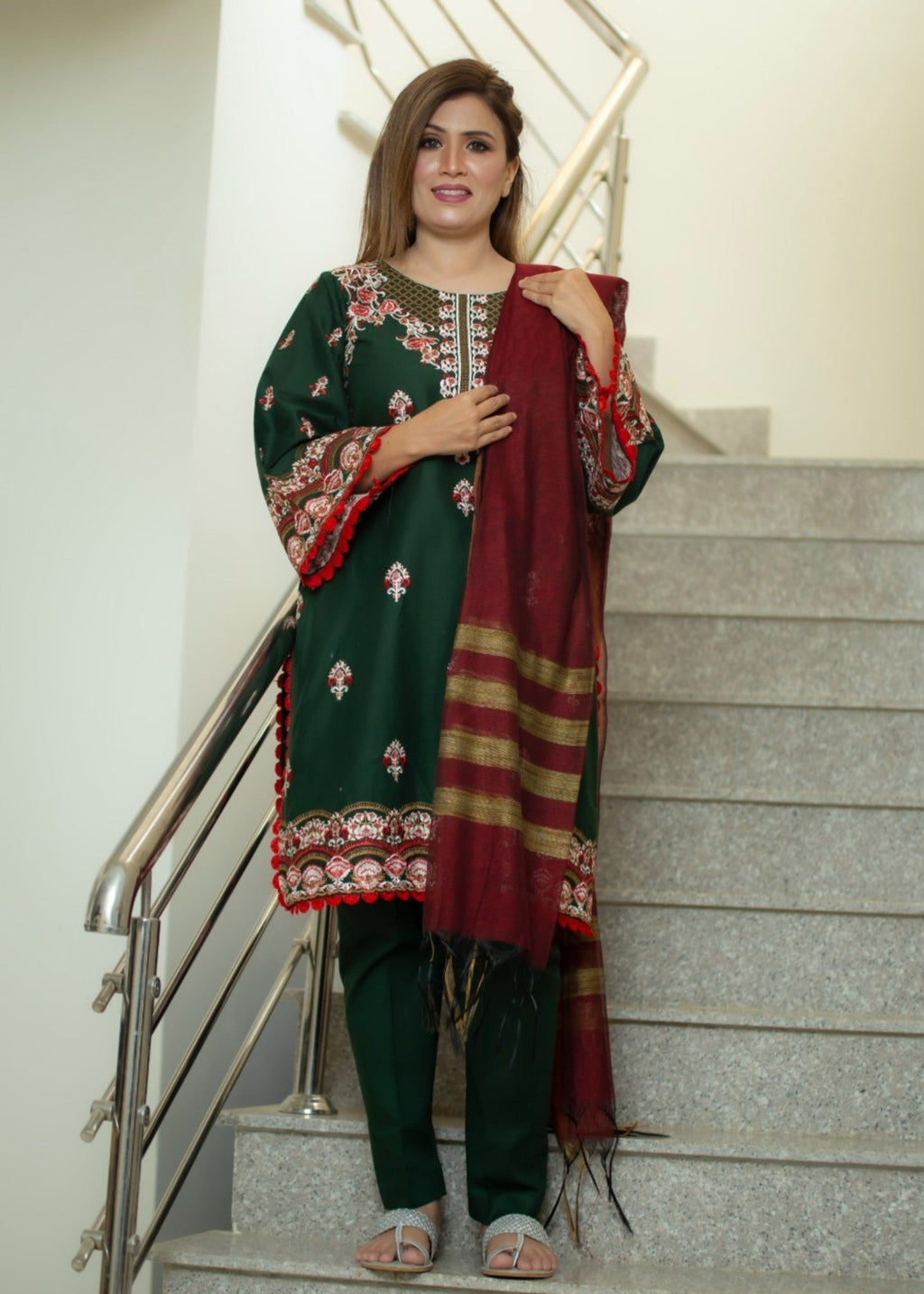 Hayati Collections Pure Cotton |Embroidery with Delicate Bead Detailing | Dark Green Women 3pcs