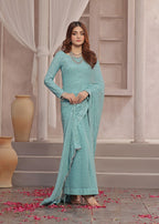 Luxeurs Ice blue Stitched Chiffon Saree Women 3pcs