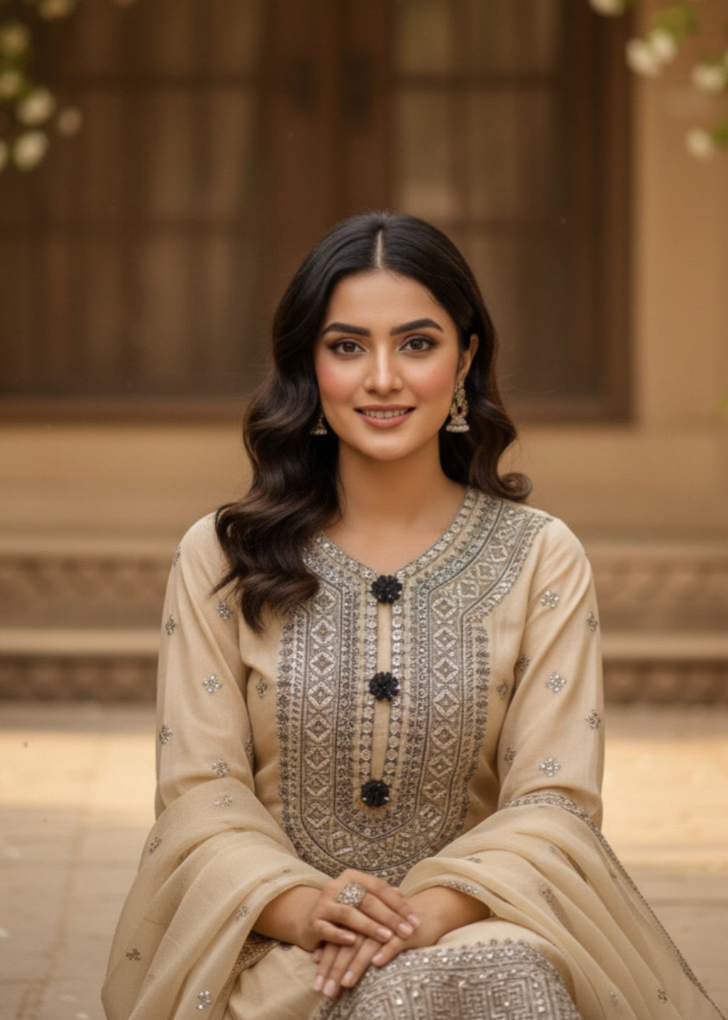 MMG Garments BALOCHI GRACE|CHIFFON EMBROIDERED PISHWAS CREAM MMG 1097 Women 3pcs