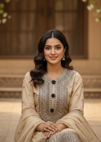 MMG Garments BALOCHI GRACE|CHIFFON EMBROIDERED PISHWAS CREAM MMG 1097 Women 3pcs