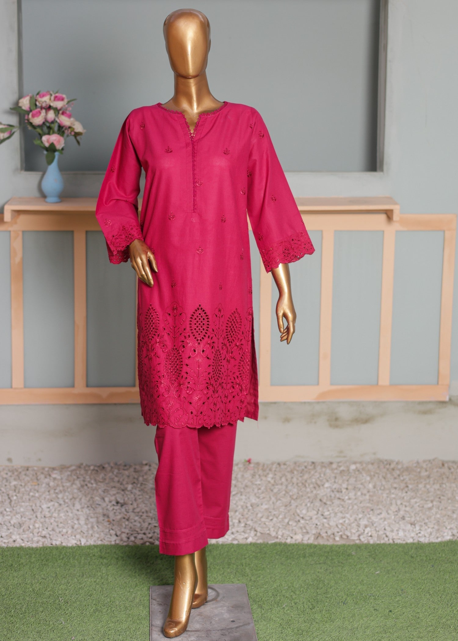 Suntex Fabrics CO ORDS Shocking Pink Chikan Kari Women 2pcs