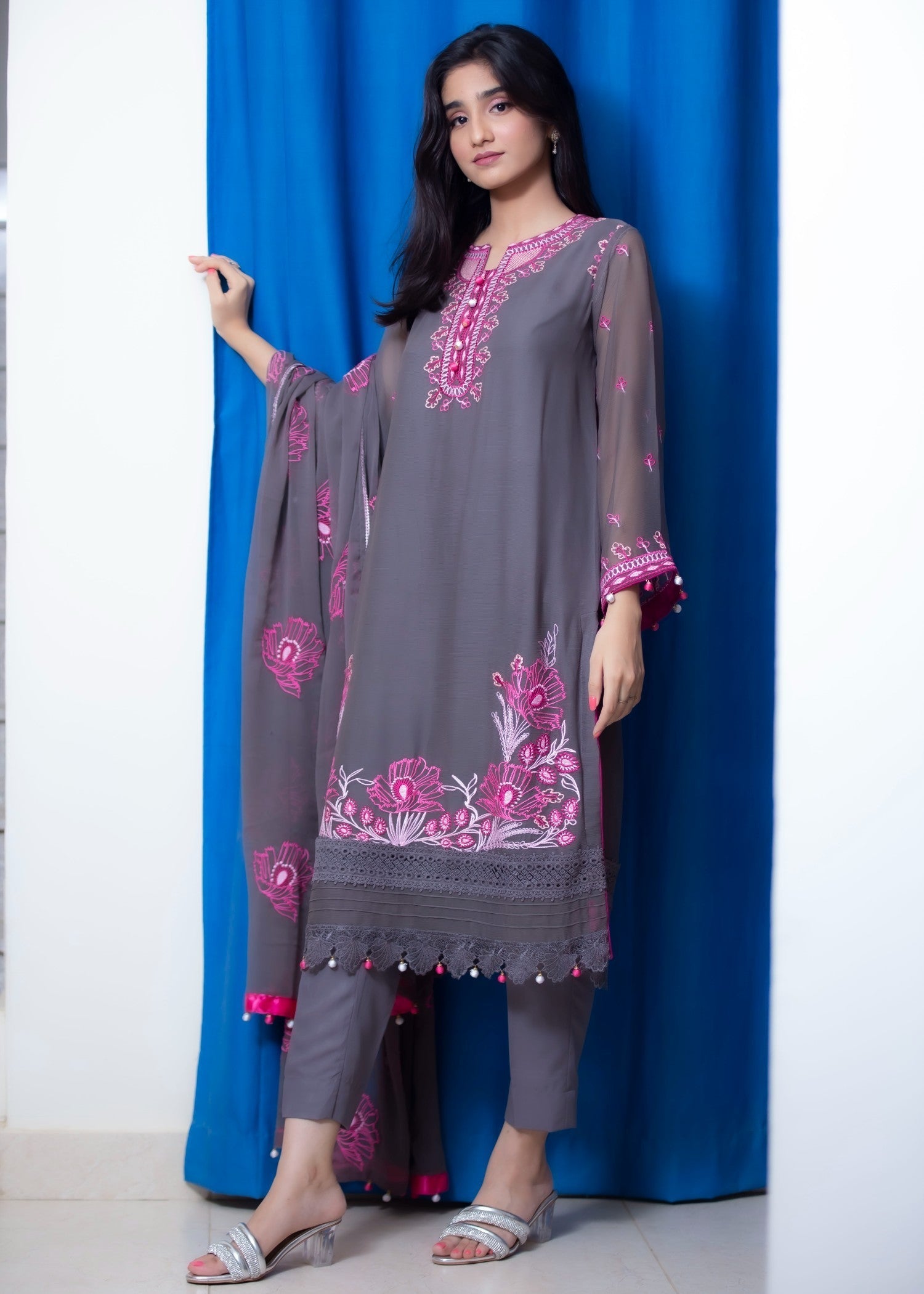 Hayati Collections Chiffon | Embroidered Suit with Dupatta | Grey Women 3pcs