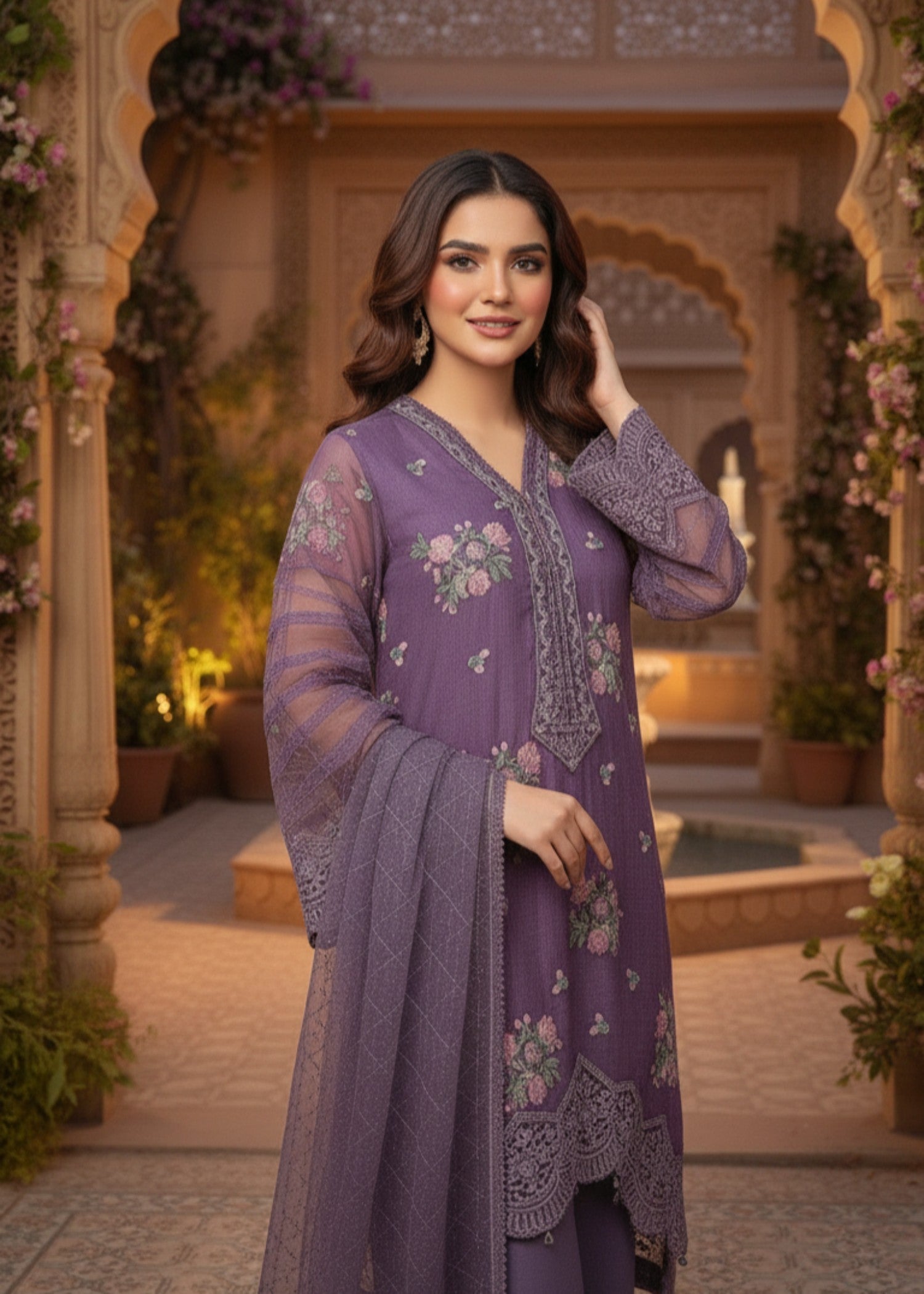 MMG Garments INAYAH|ORGANZA NET EMB KURTA SET PURPLE MMG 796 Women 3pcs