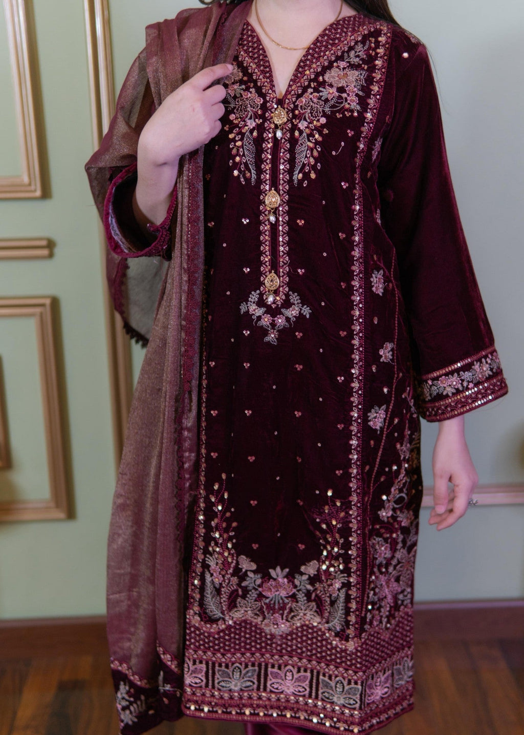 Rangoon Clothing Roshana Maroon Velvetine Women 3pcs