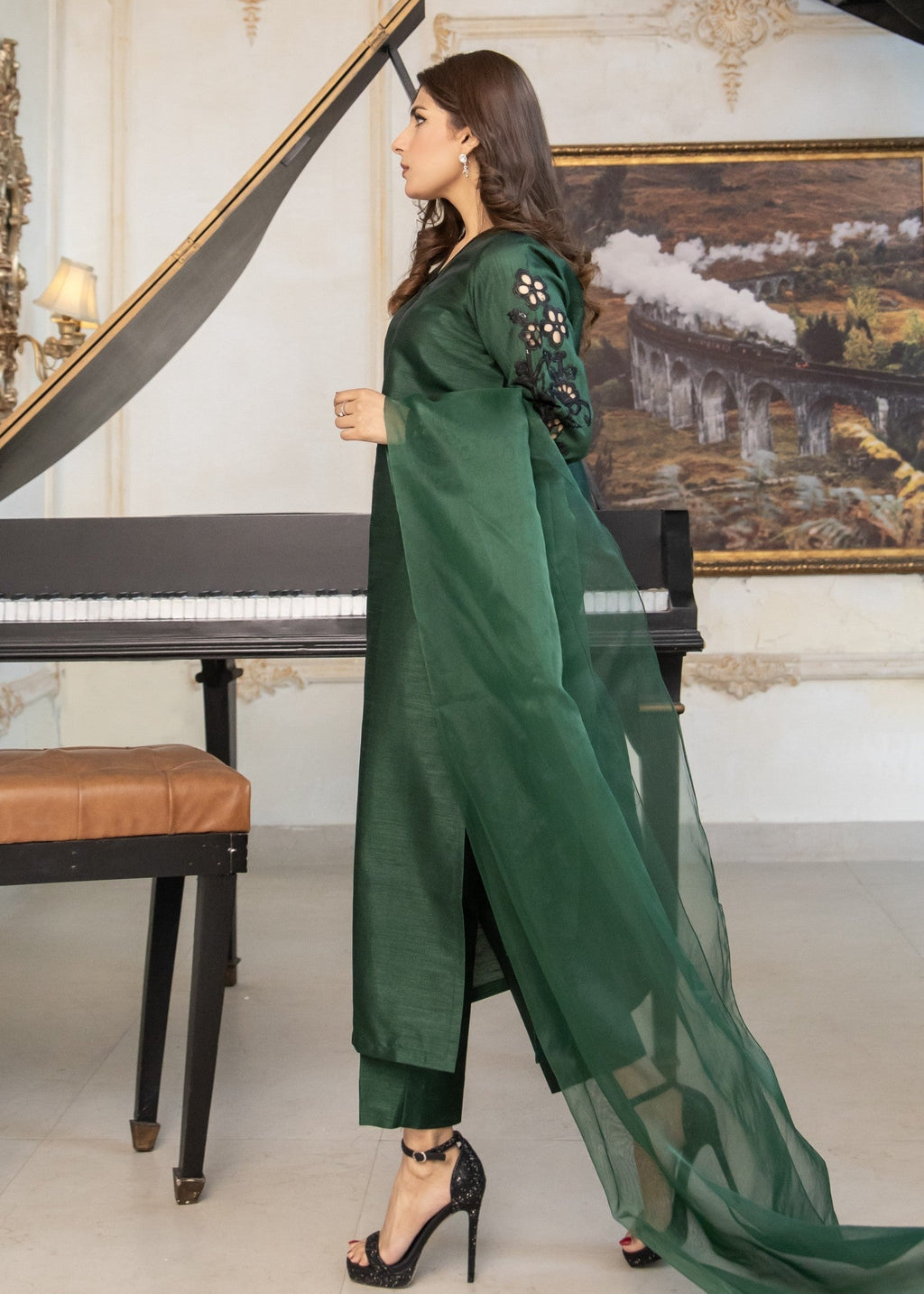 Naaz Couture Bottle Green Embroidered Raw Silk Suit Women 3pcs