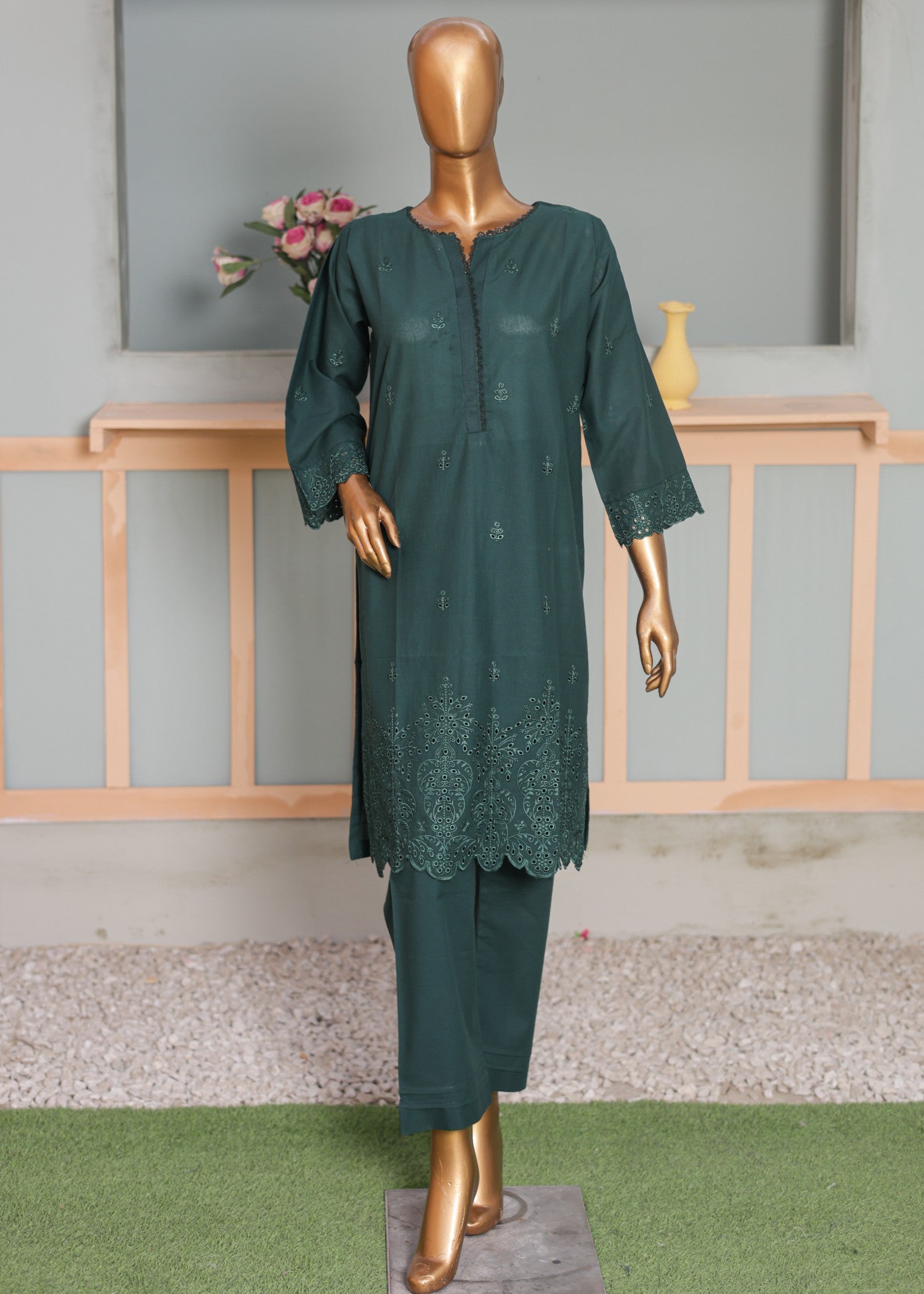 Suntex Fabrics CO ORDS Green Chikan Kari Women 2pcs