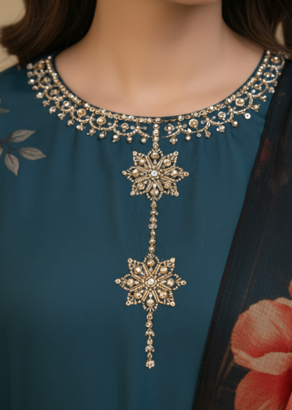 Brandlo.Pk Teal & Black Floral Printed Silk/Satin Three Piece Ensemble Women 2pcs