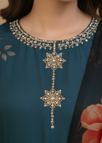 Brandlo.Pk Teal & Black Floral Printed Silk/Satin Three Piece Ensemble Women 2pcs