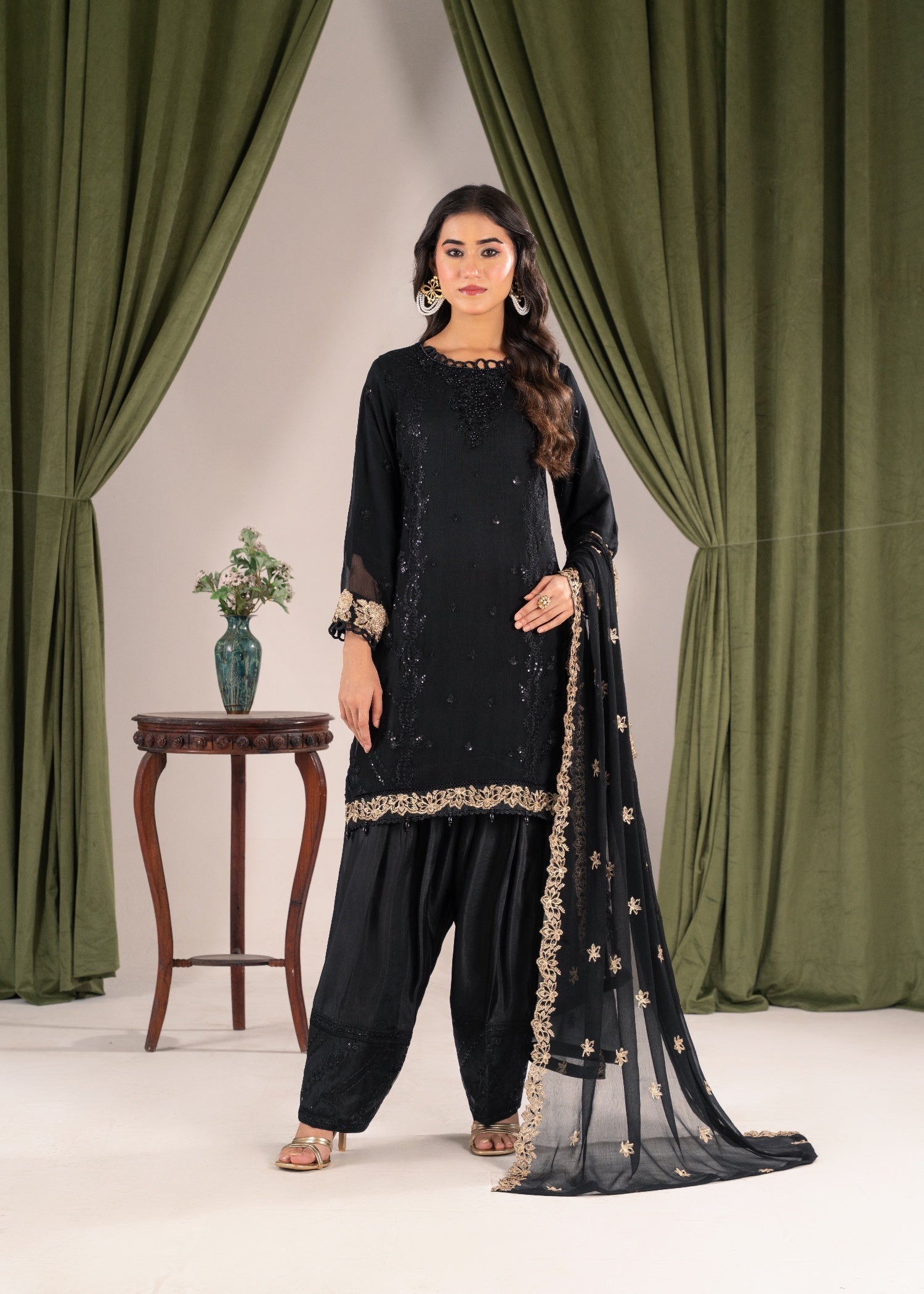 Pehnawa Fashion Crinkle Chiffon Black Women 3pcs