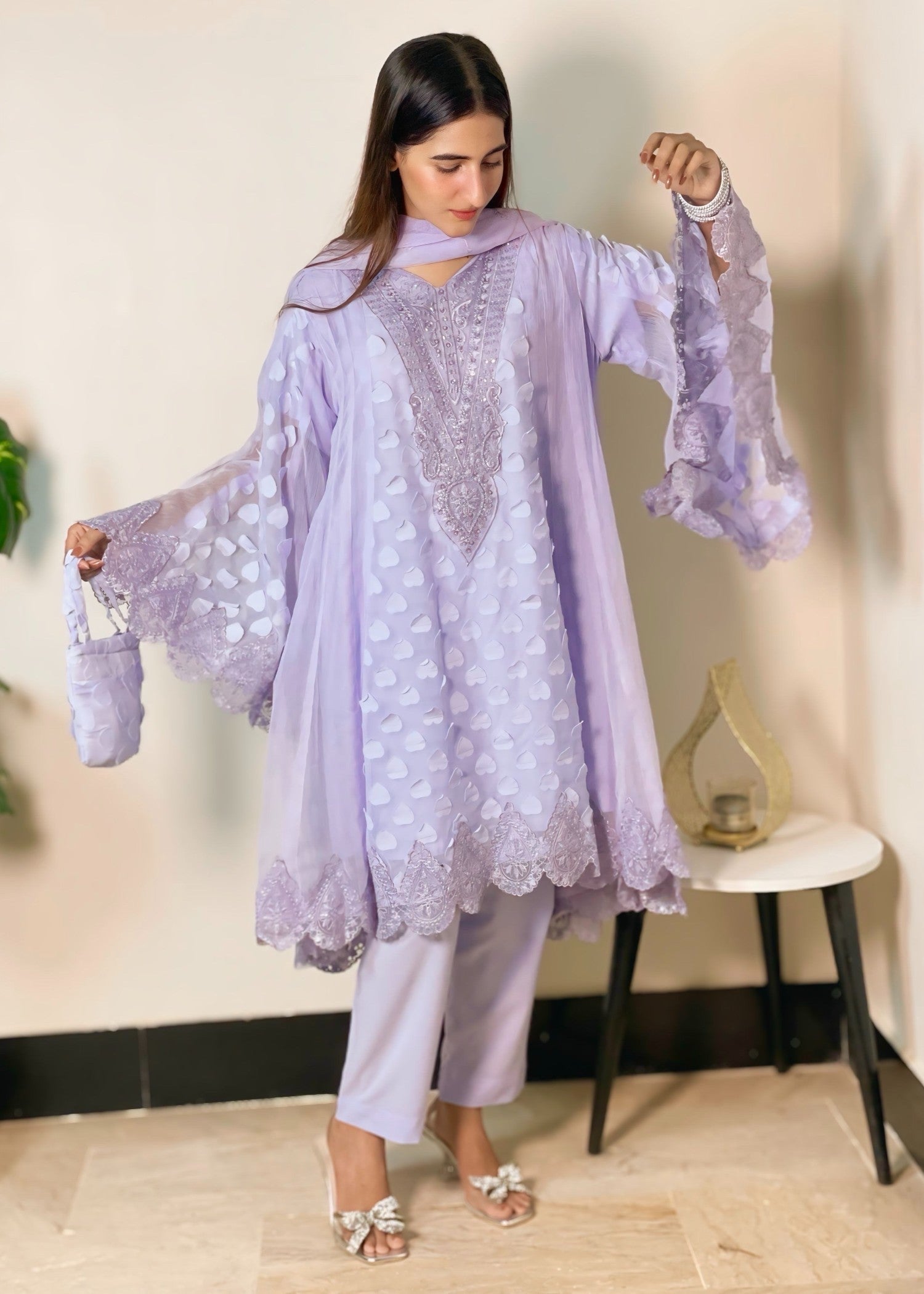 MMG Garments NILOOFAR| CHIFFON EMBROIDERED DIL FROCK WITH HANDPOUCH MMG 816 Women 3pcs