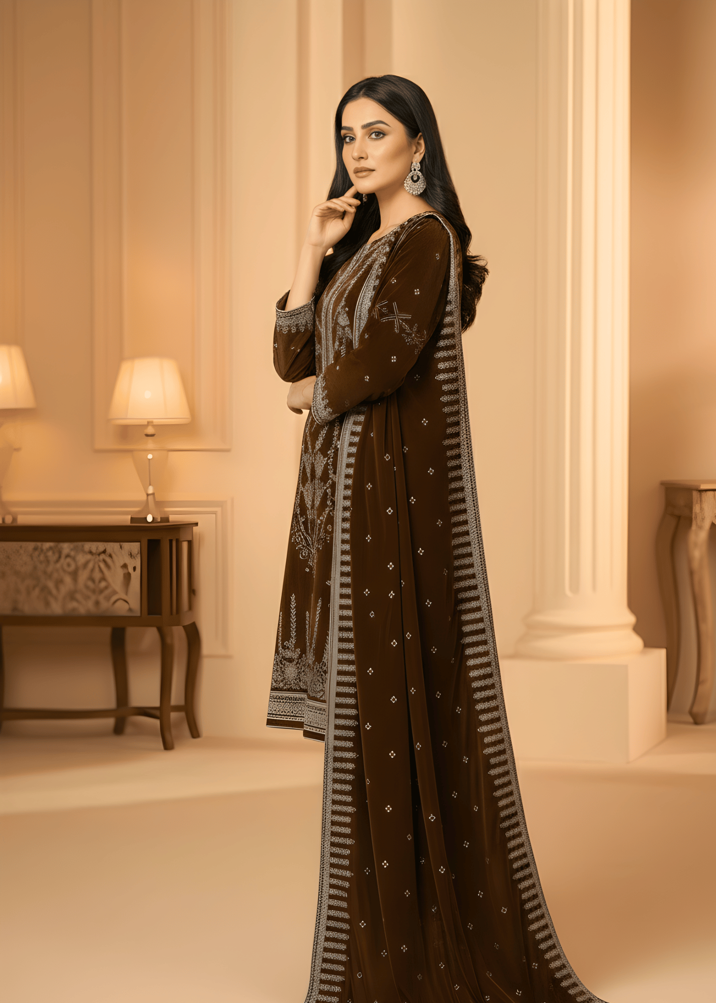 Sutar Chestnut Royale – Velvet Embroidered Set Women 3pcs