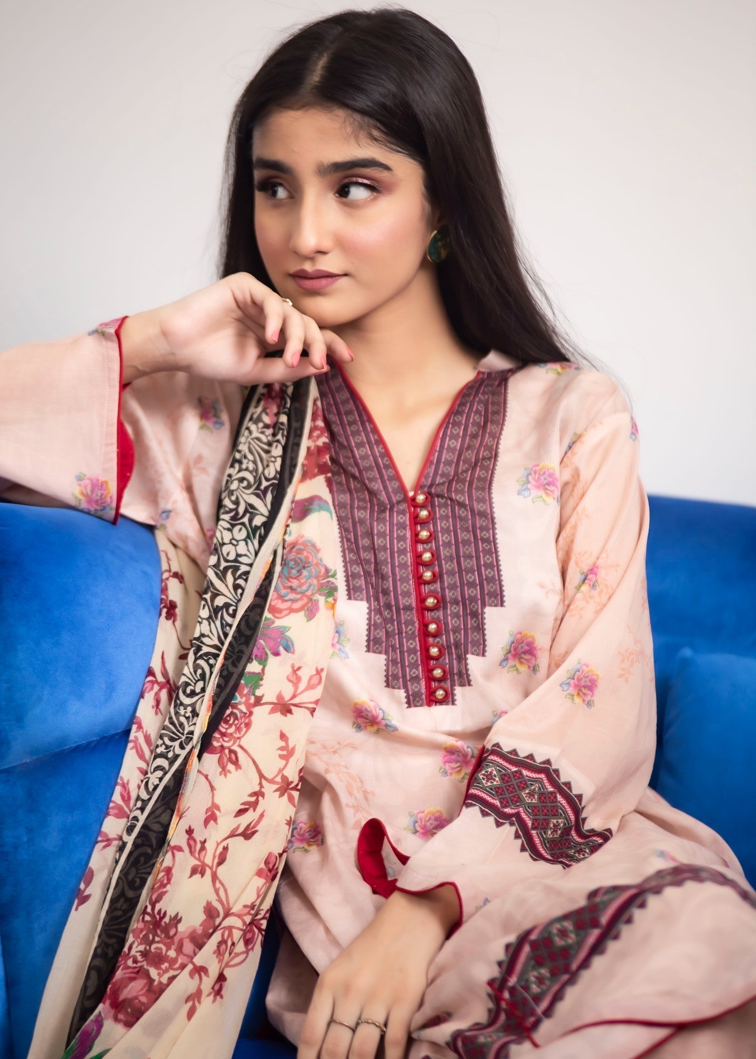 Hayati Collections Lawn | with Chiffon Dupatta | Peach Women 3pcs