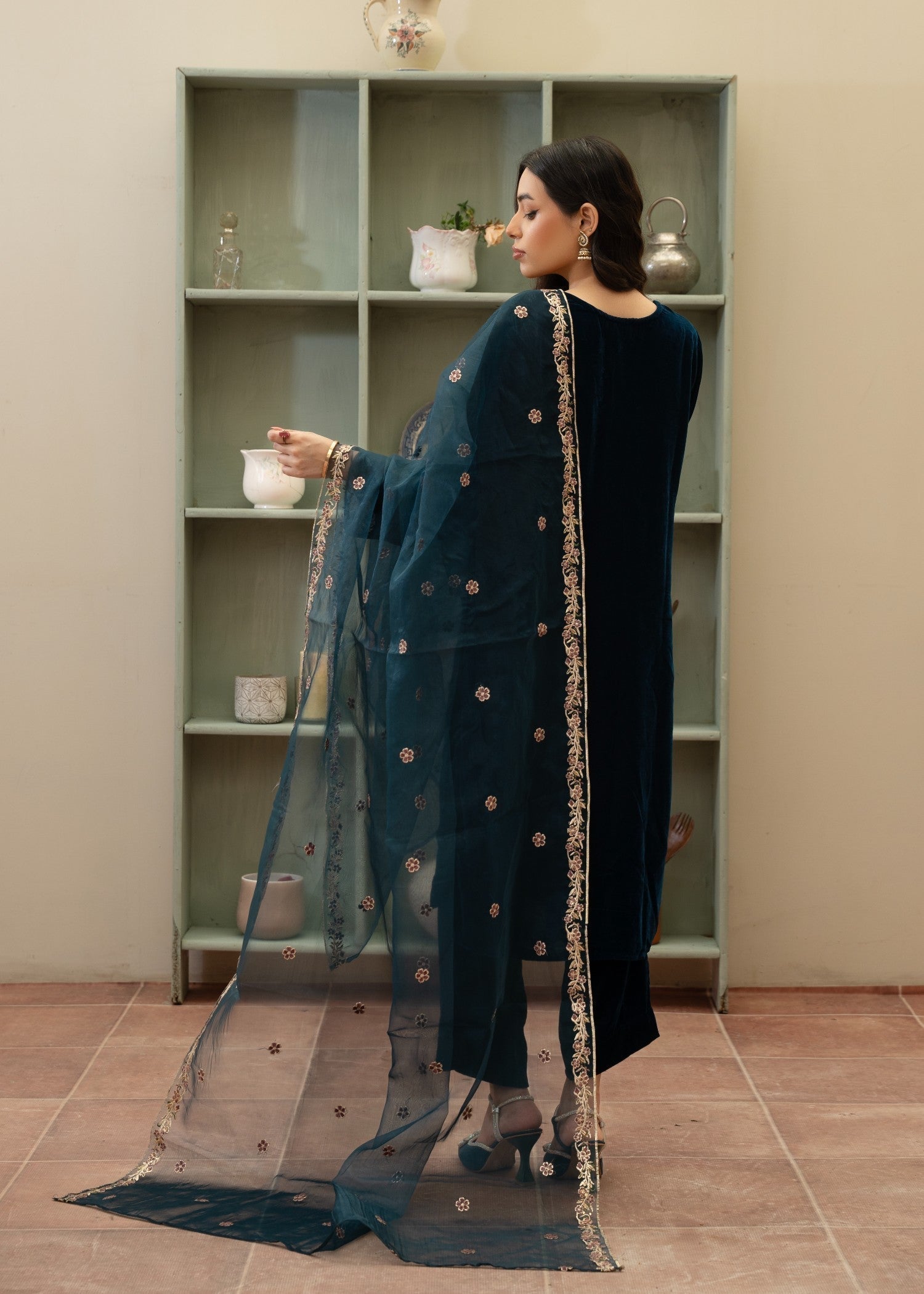 Naaz Couture Velvet Embroidered Suit Teal Women 3pcs