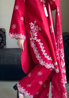 Attirepret Red Cotton Suit | Cross Stitch Embroidery Women 3pcs