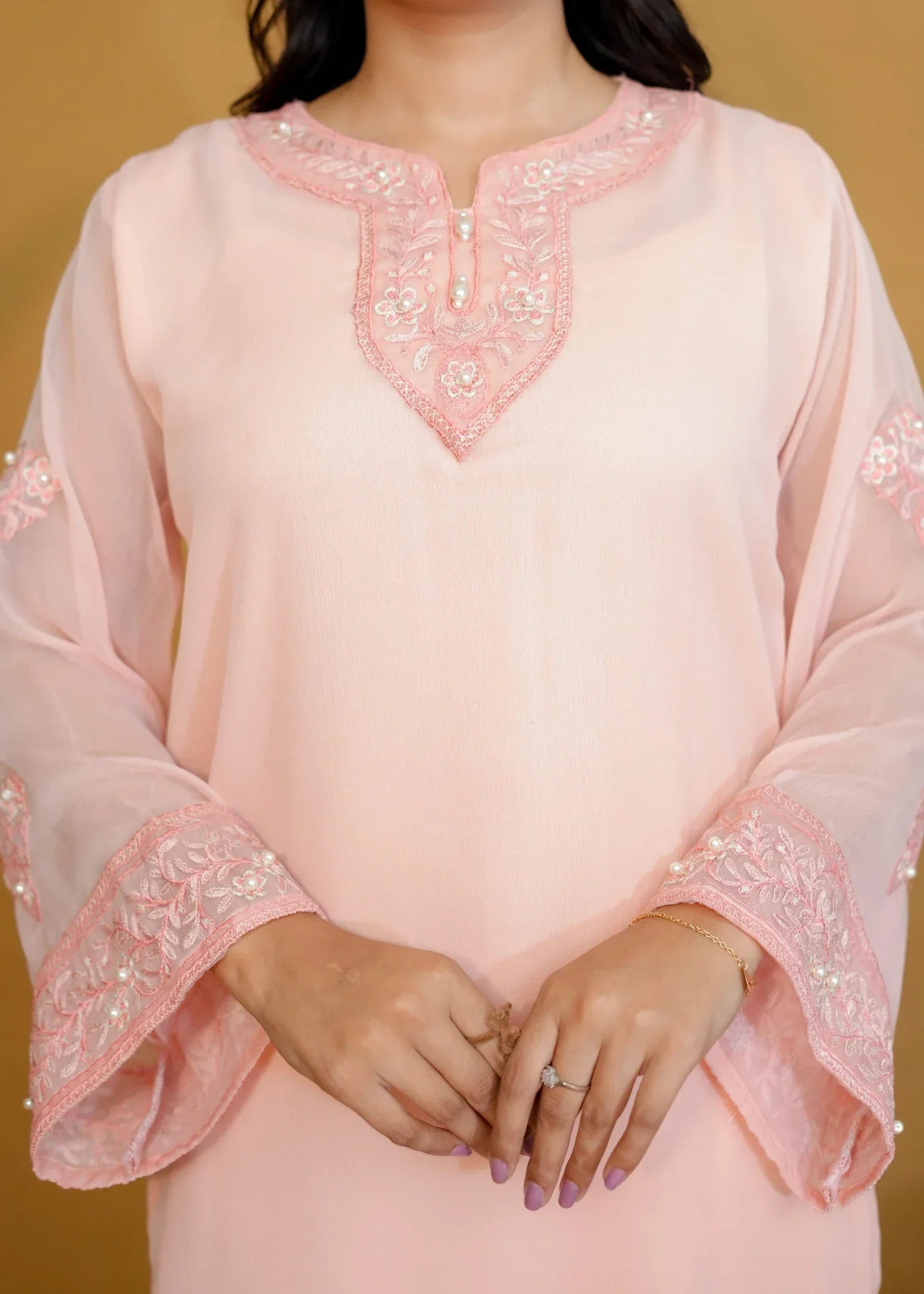 Pretbee Peach Embroidered chiffon Women 3pcs