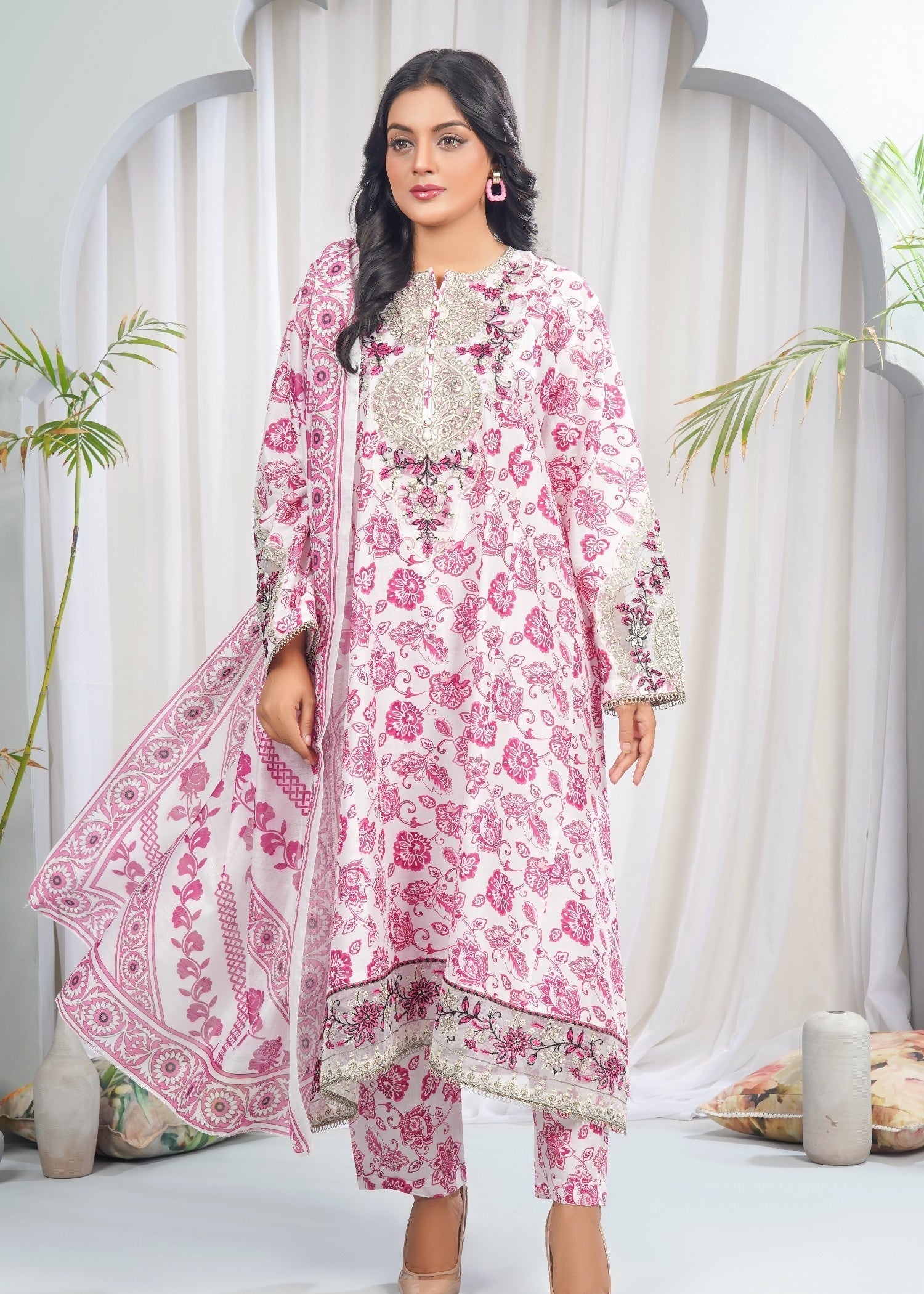 Dareechay Off White Ivory Petals Print Suit (Frock) FOP36 Women 3pcs